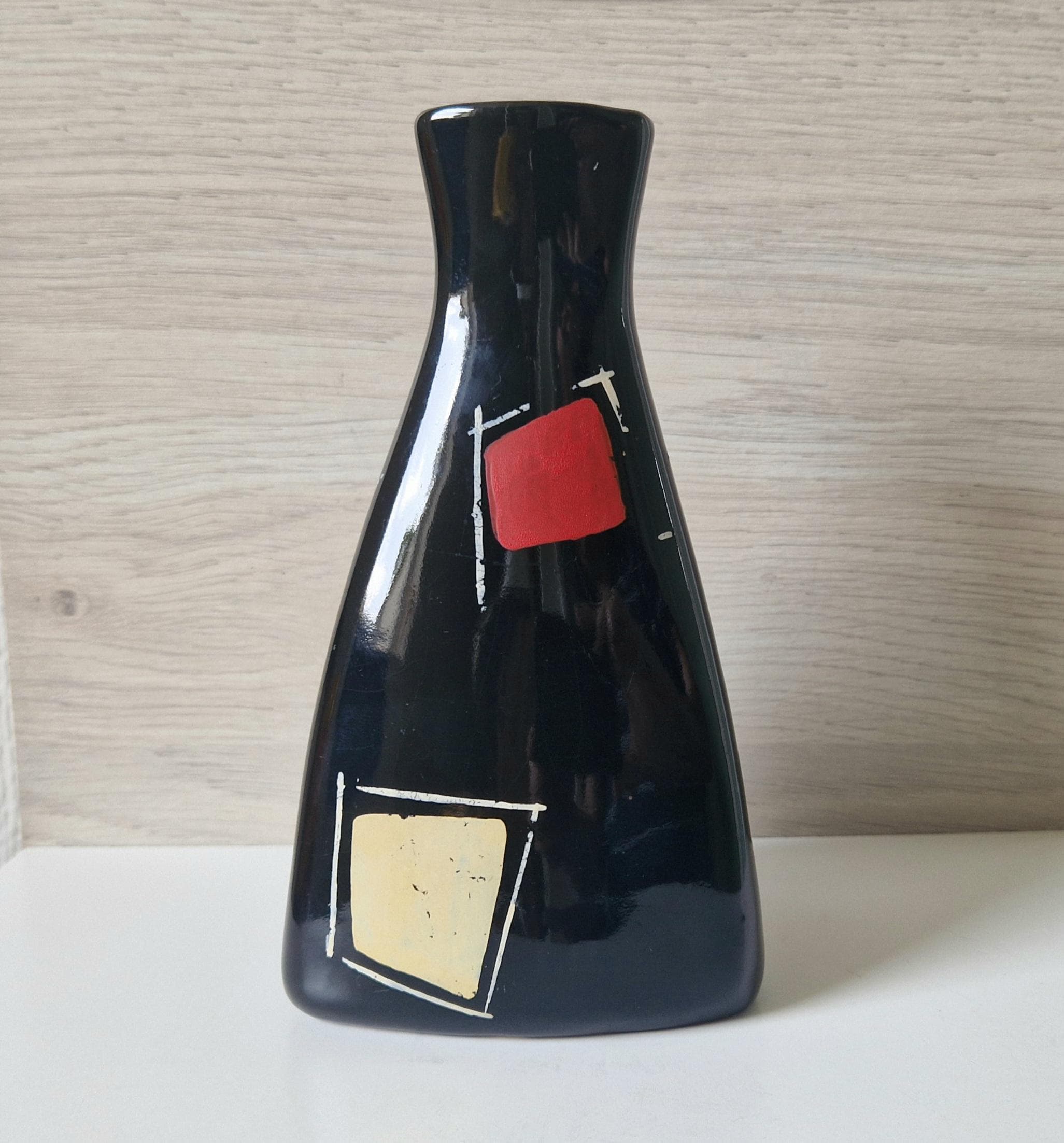 Mid Century West German Handpainted Tri-Form Abstract Black Ceramic Vase 18cm