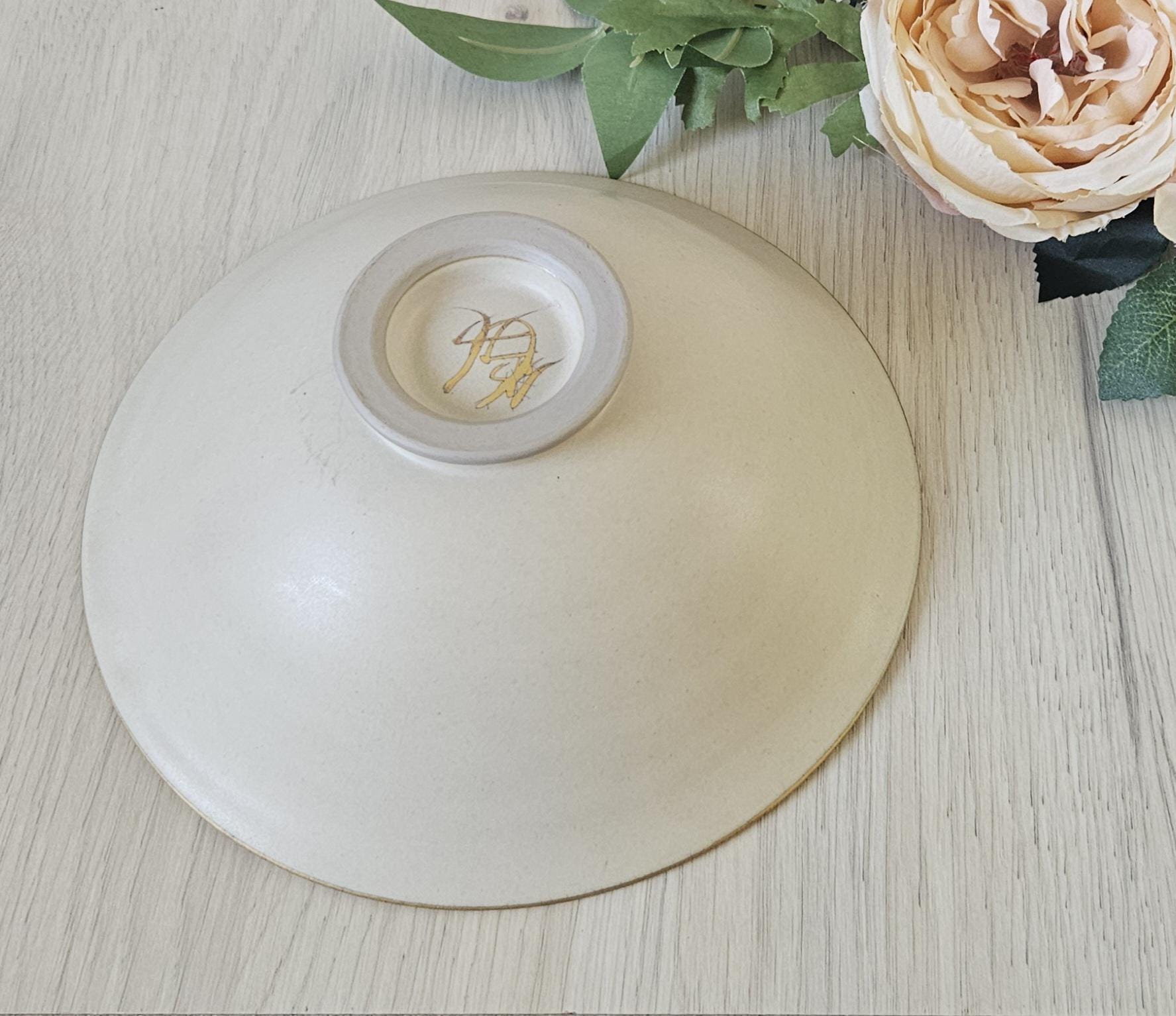 Vintage Tulip Flower Pottery Bowl Decorative Gold Gilt Handmade 21cm Diameter Signed