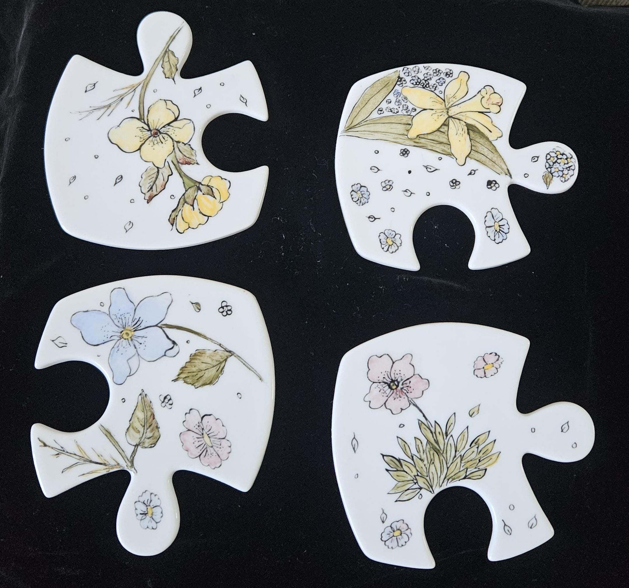 Vintage French Floral Ceramic Coasters: Jigsaw Puzzle Trivet