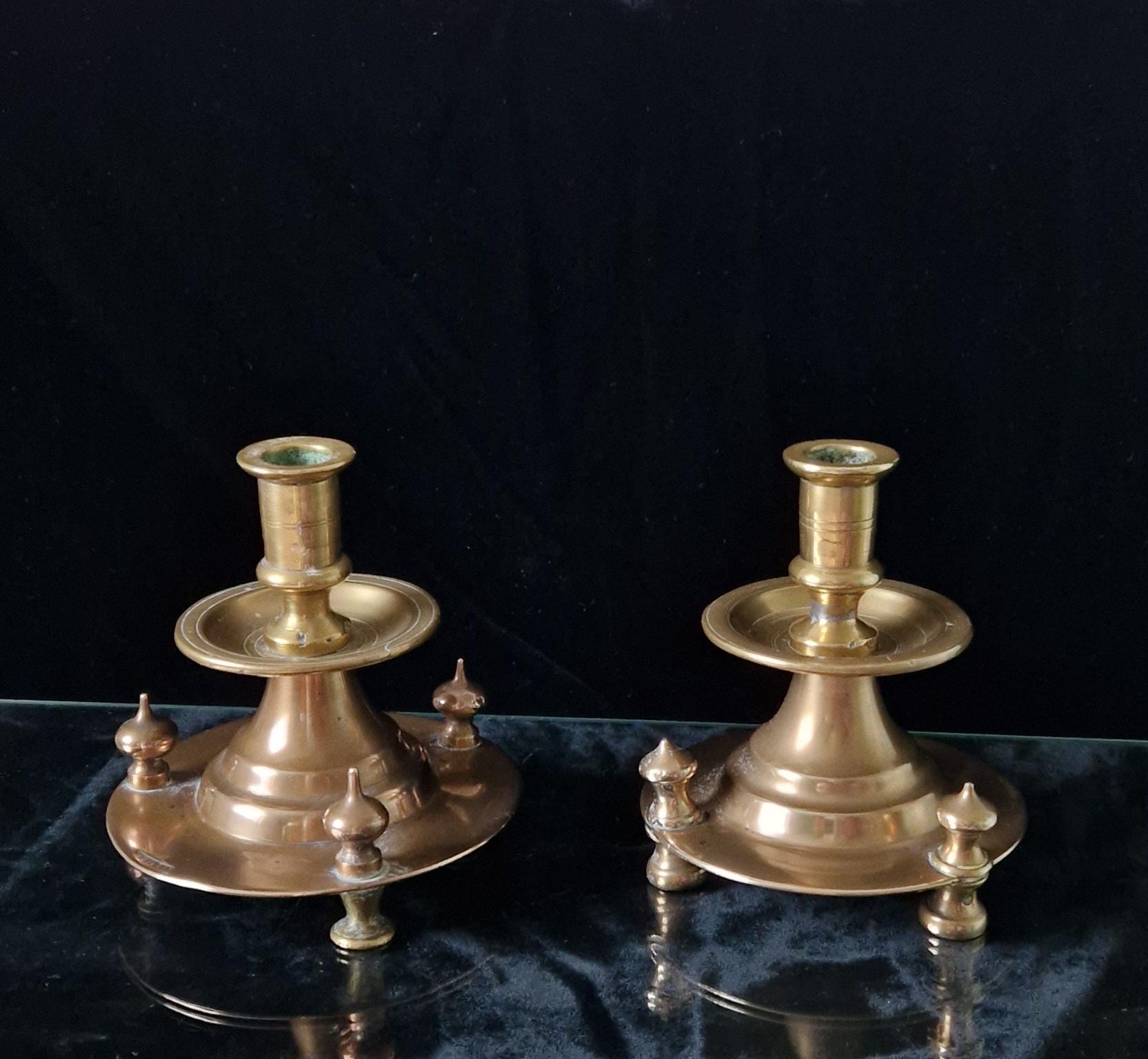 Pair of 19th Century Judin Signed Czarist Era Russian Bronzed Sabbath Bun Footed Capstan Candle Holders.
