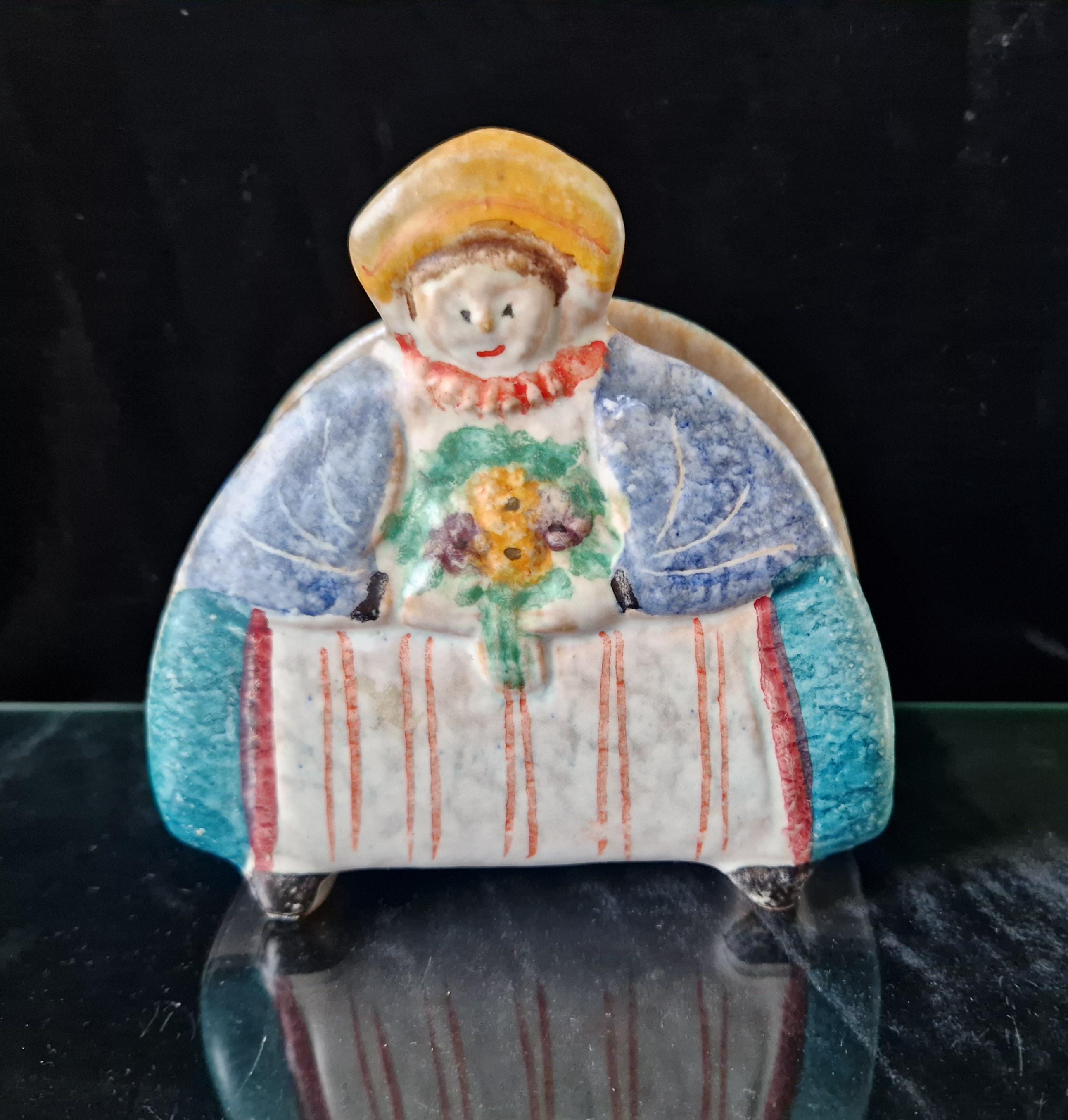 Vintage Italian Albissola Ceramic Floral Decorative Lady Serviette/Letter Holder Hand Painted Rare