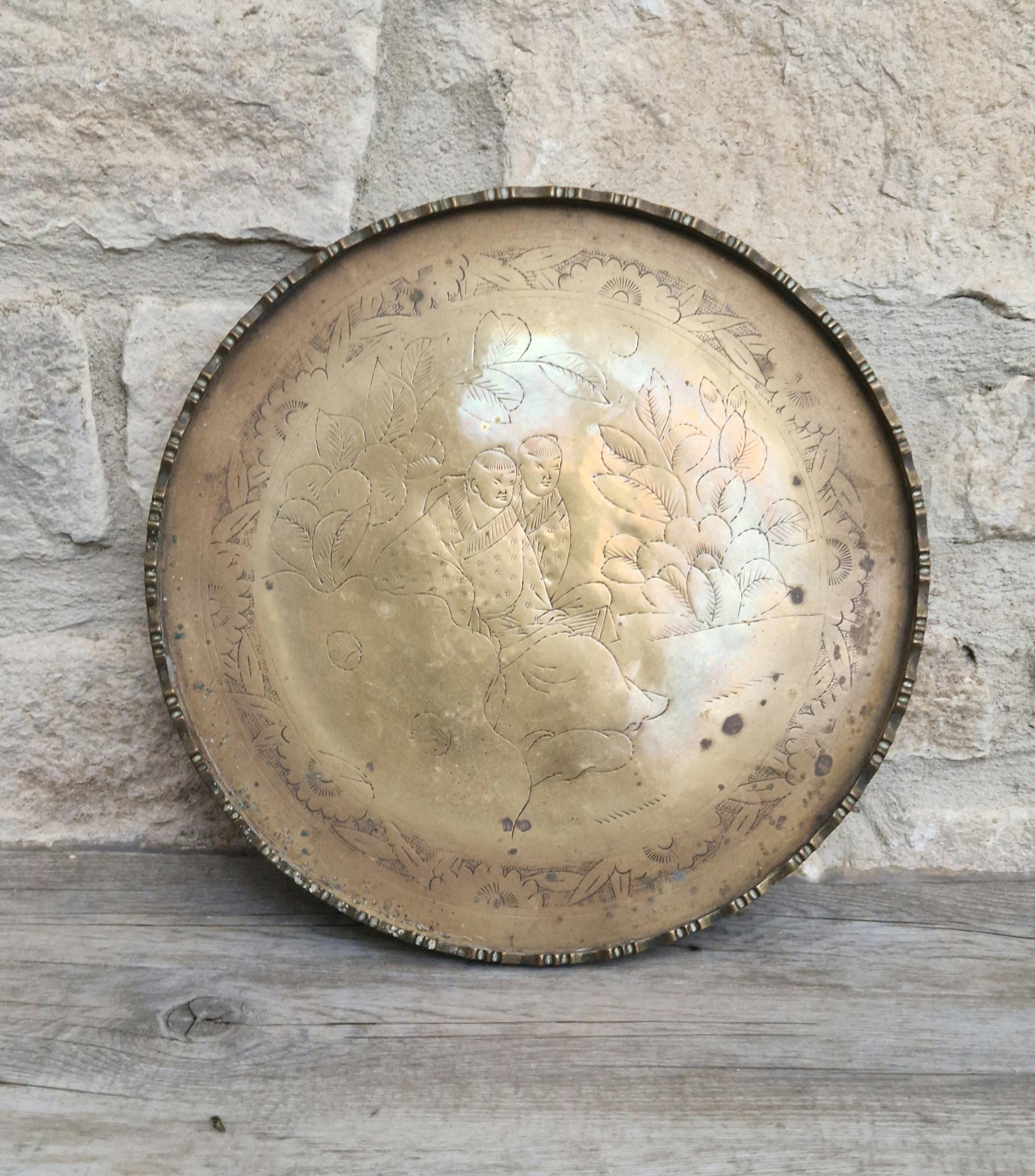 Antique Chinese Engraved Brass Round Opium Tray c1900 27.5cm