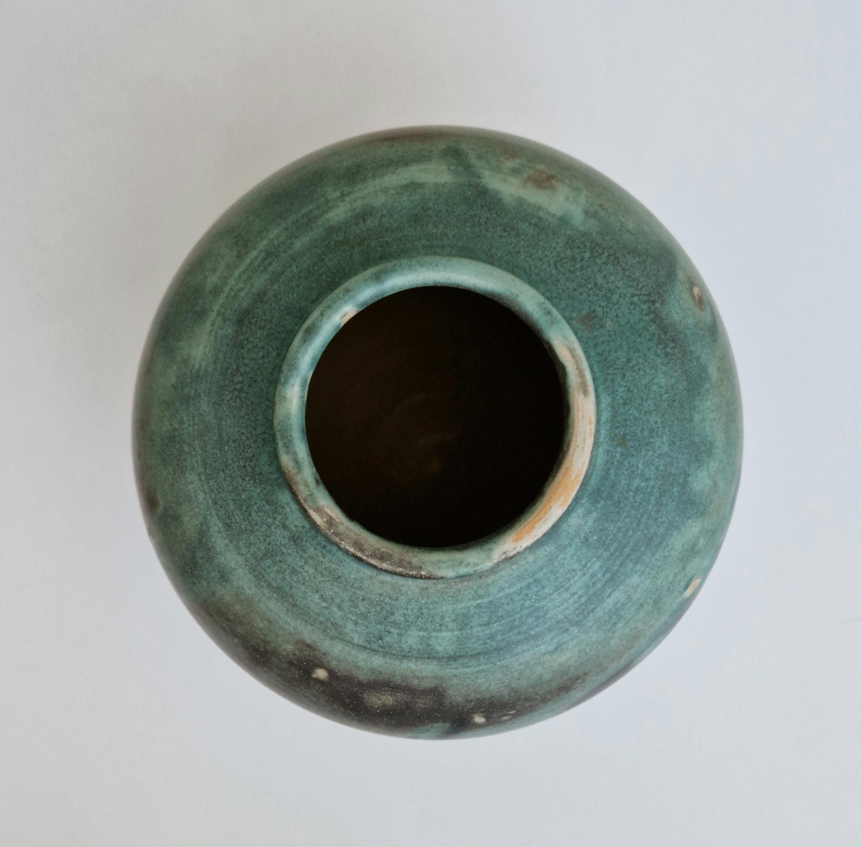 Large Vintage Raku Studio Art Pottery Aqua Glaze Globe Vase Signed