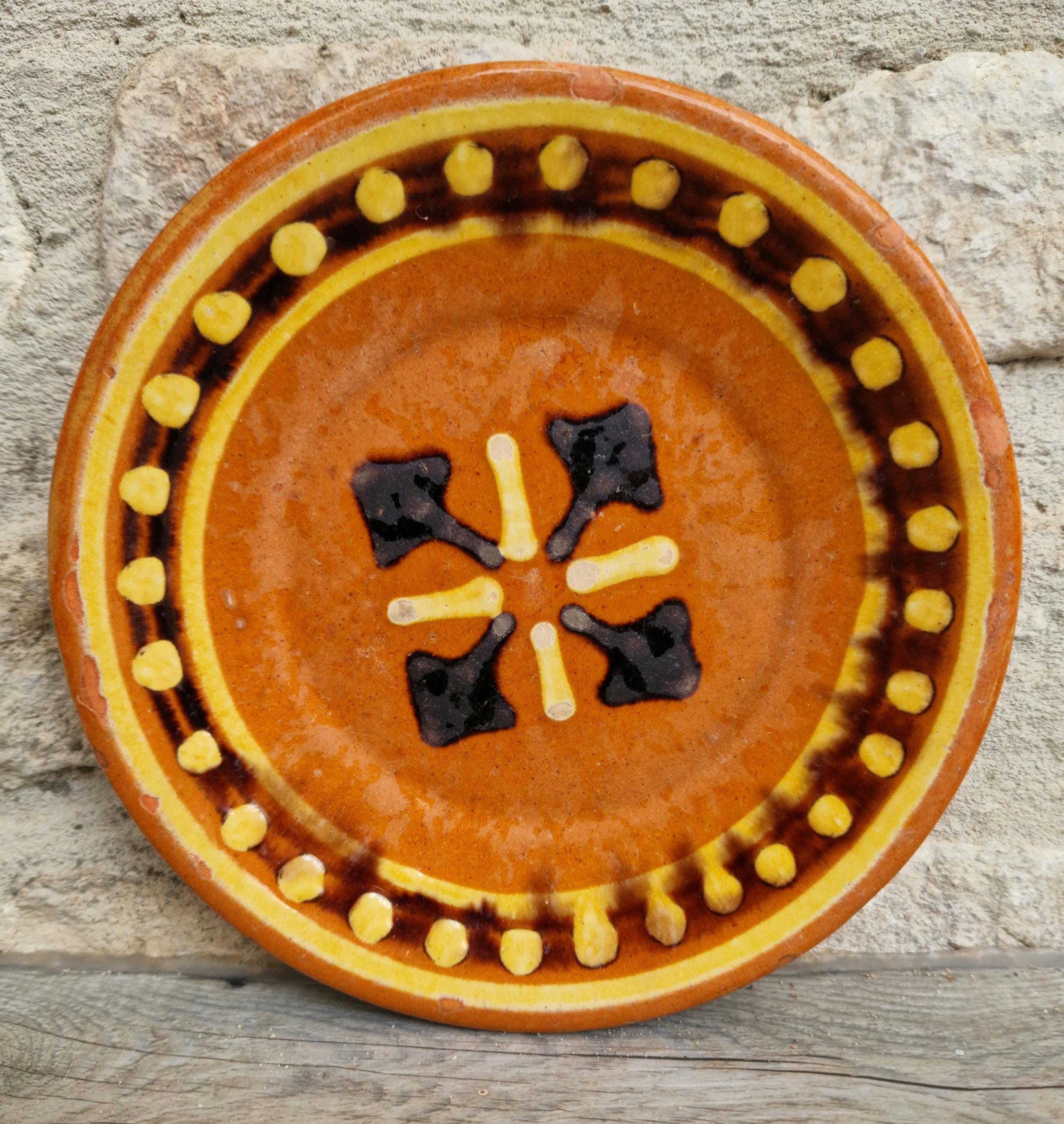 Vintage French Rustic BIOT Ceramic Double Cross Motif Dessert Plate