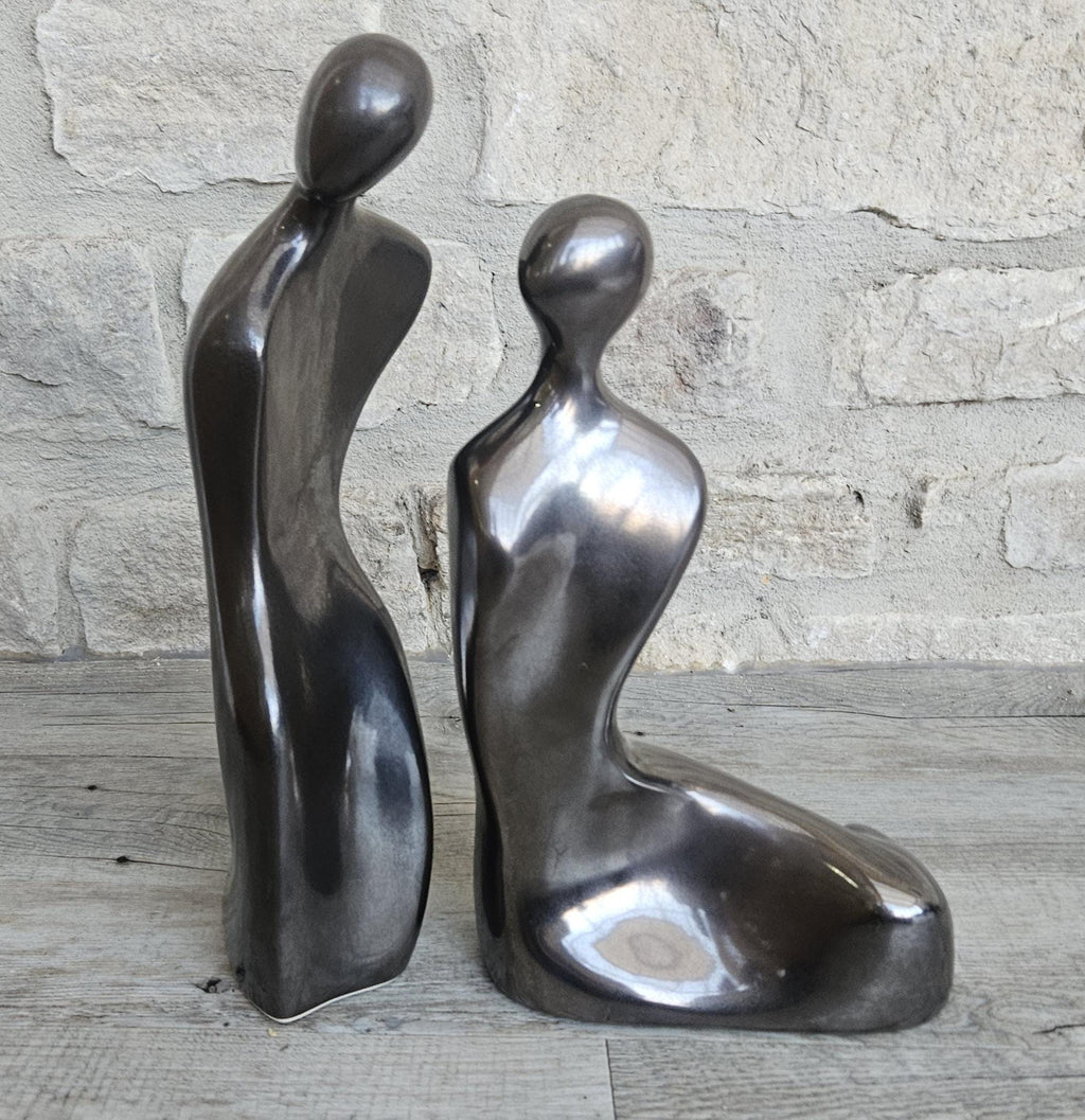 Vintage Tall Large Abstract Couple Figures Ceramic Metallic Finish 32 and 28cm Tall