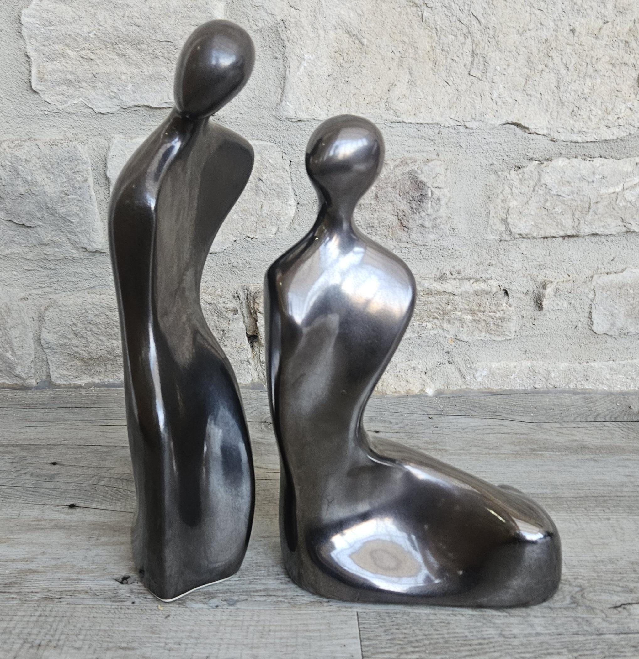Vintage Tall Large Abstract Couple Figures Ceramic Metallic Finish 32 and 28cm Tall