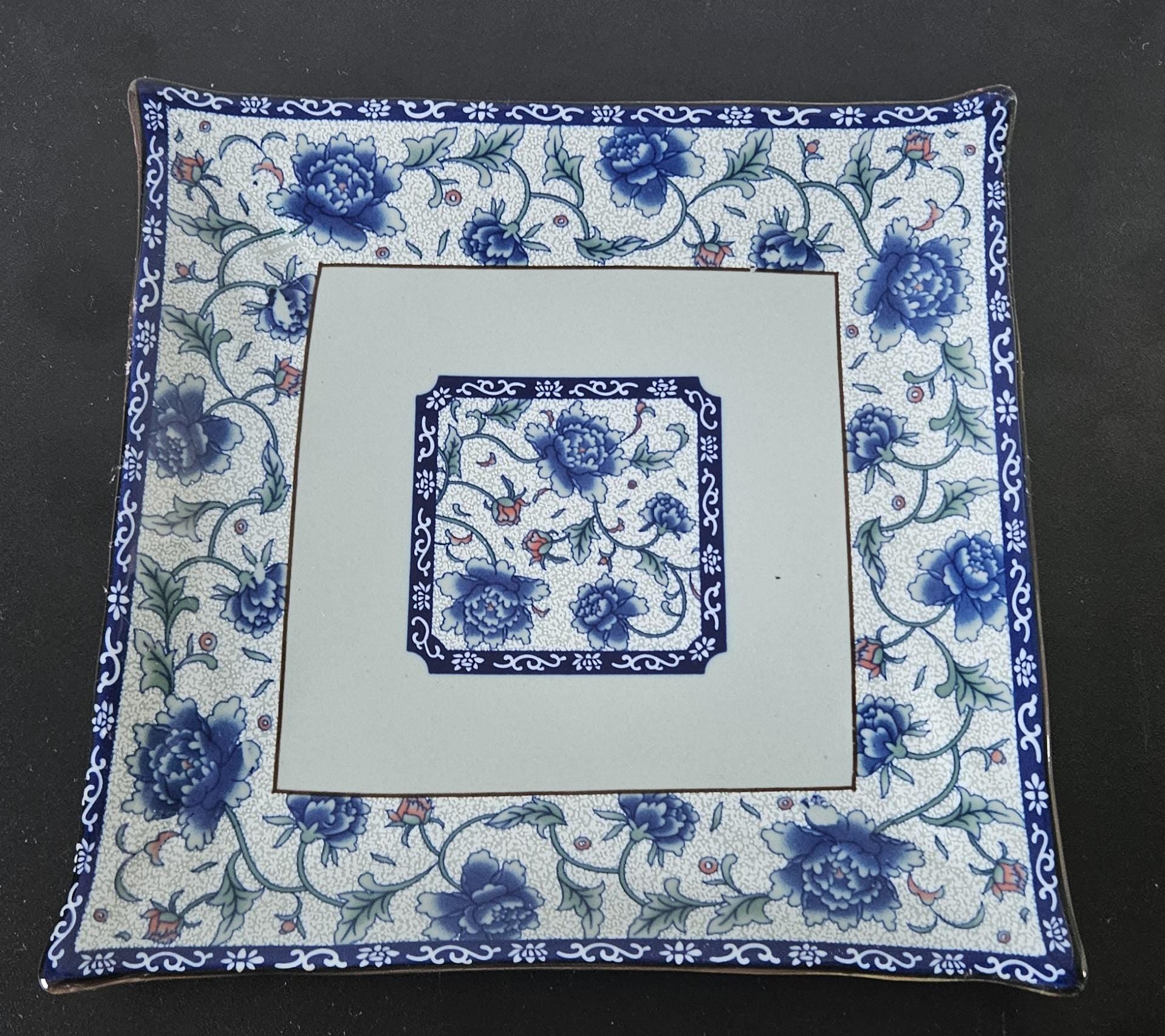 Vintage Oriental Porcelain Decorative Square Plate Blue and White Celadon Green Floral Pattern 20cm X 20cm