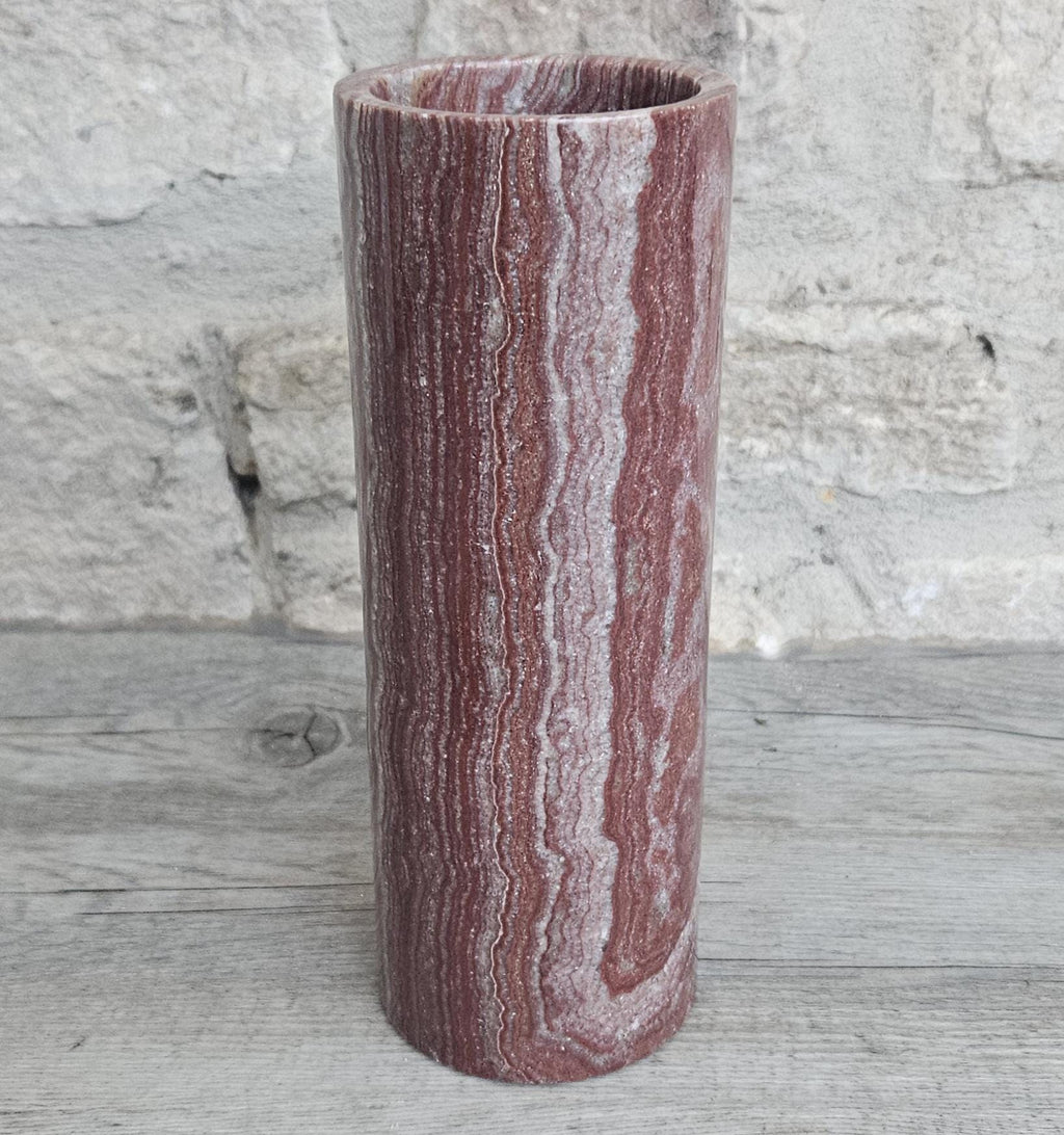 Vintage Red Onyx Marble Vase Cylinder Shape 19.5cm Tall
