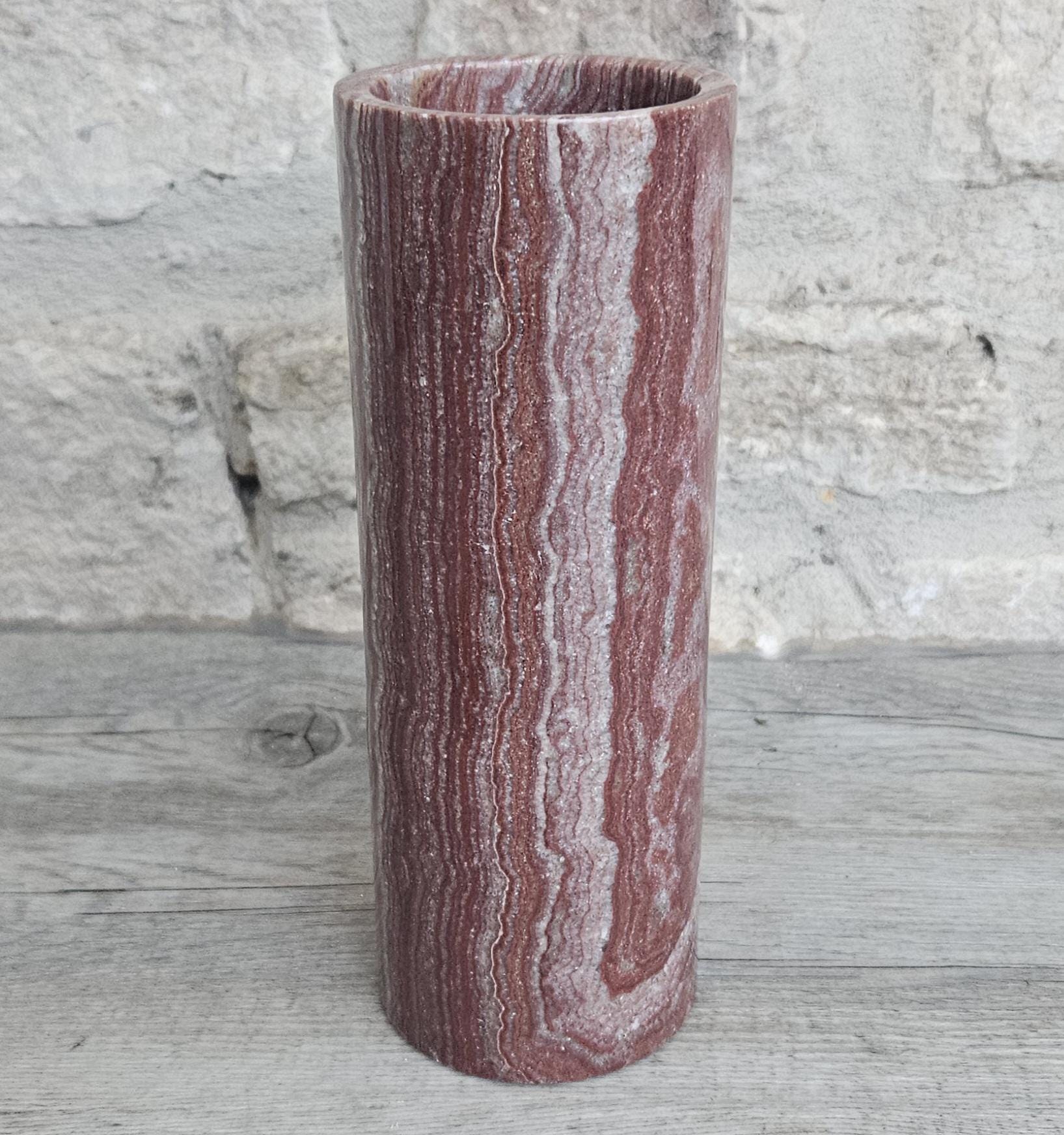 Vintage Red Onyx Marble Vase Cylinder Shape 19.5cm Tall