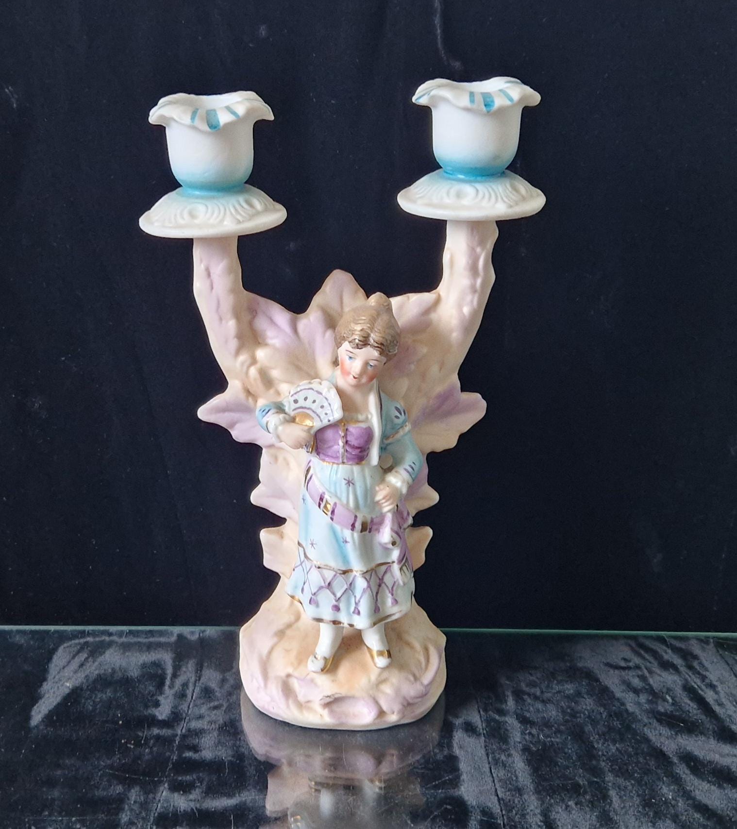 19th Century Continental Bisque Handpainted Fan Girl Figural 2 Candle Candelabra