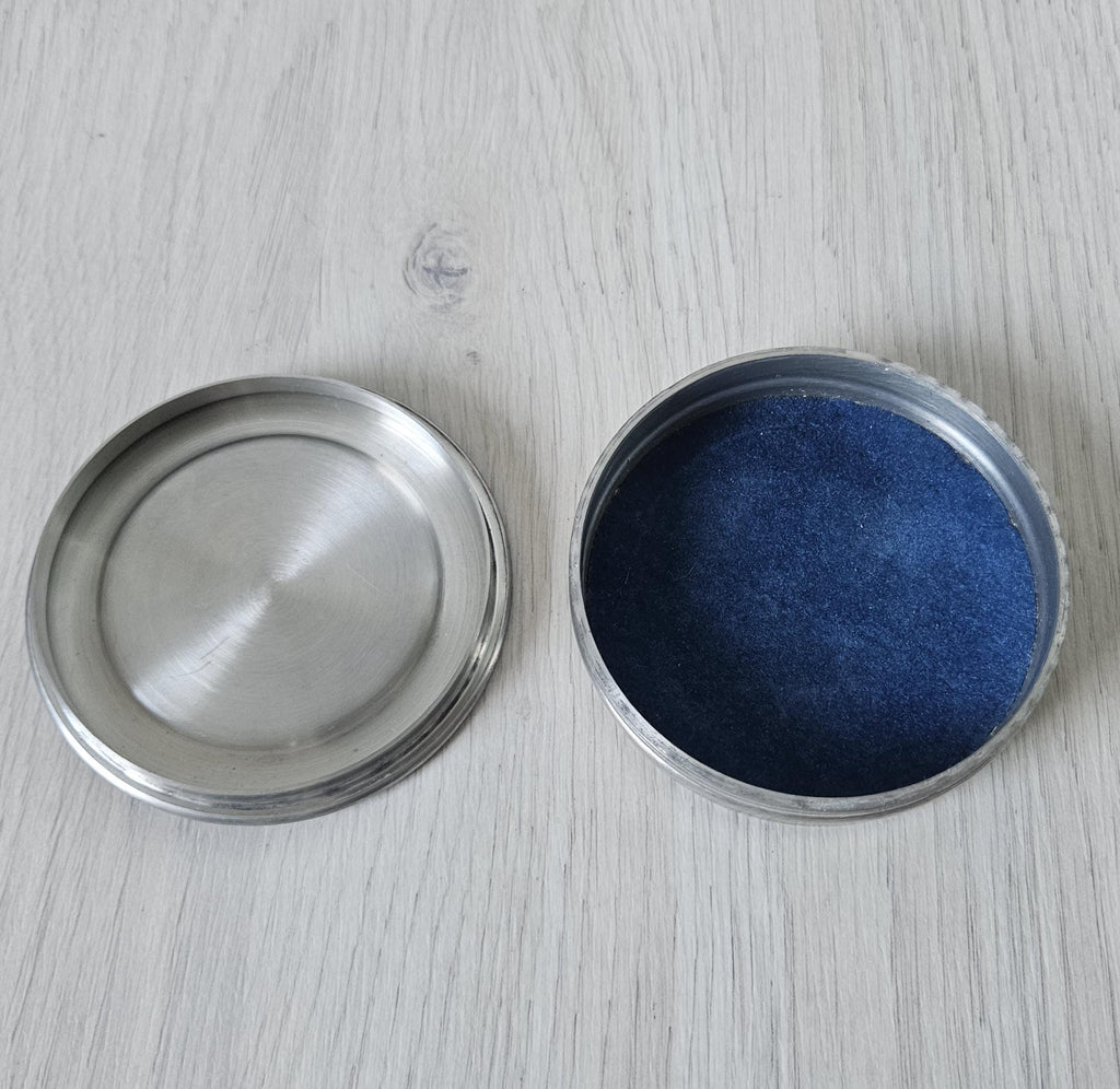 Pewter Art Nouveau Style Trinket Pot Sasha Bowles England signed .Trinket Pot polished Gemstone Inlay