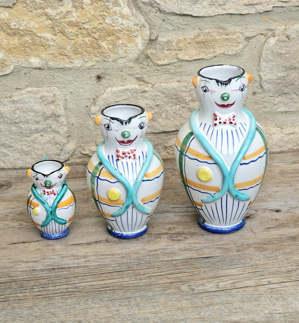 Vintage Mid Century Italian Ceramic Clown Vases Set of 3 Nesting Majolica Libertas Italy