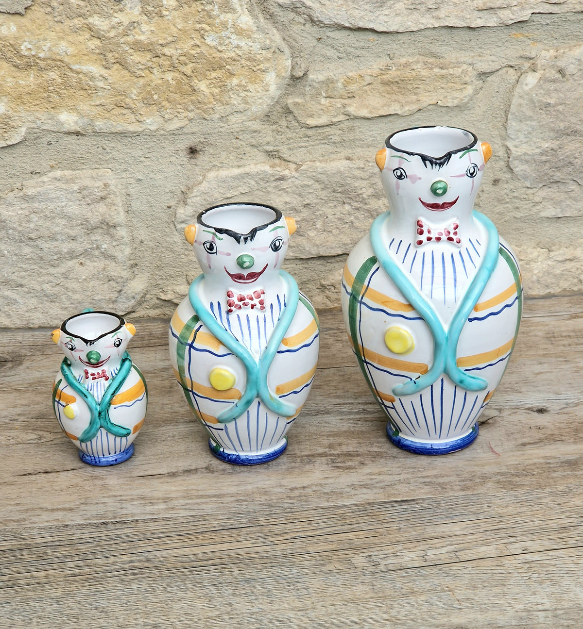 Vintage Mid Century Italian Ceramic Clown Vases Set of 3 Nesting Majolica Libertas Italy