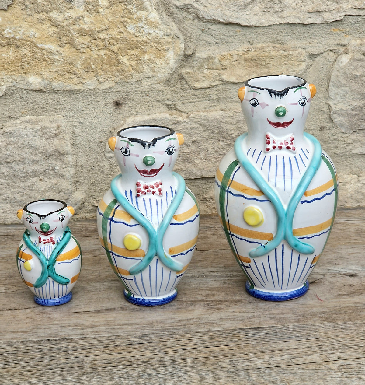 Vintage Mid Century Italian Ceramic Clown Vases Set of 3 Nesting Majolica Libertas Italy