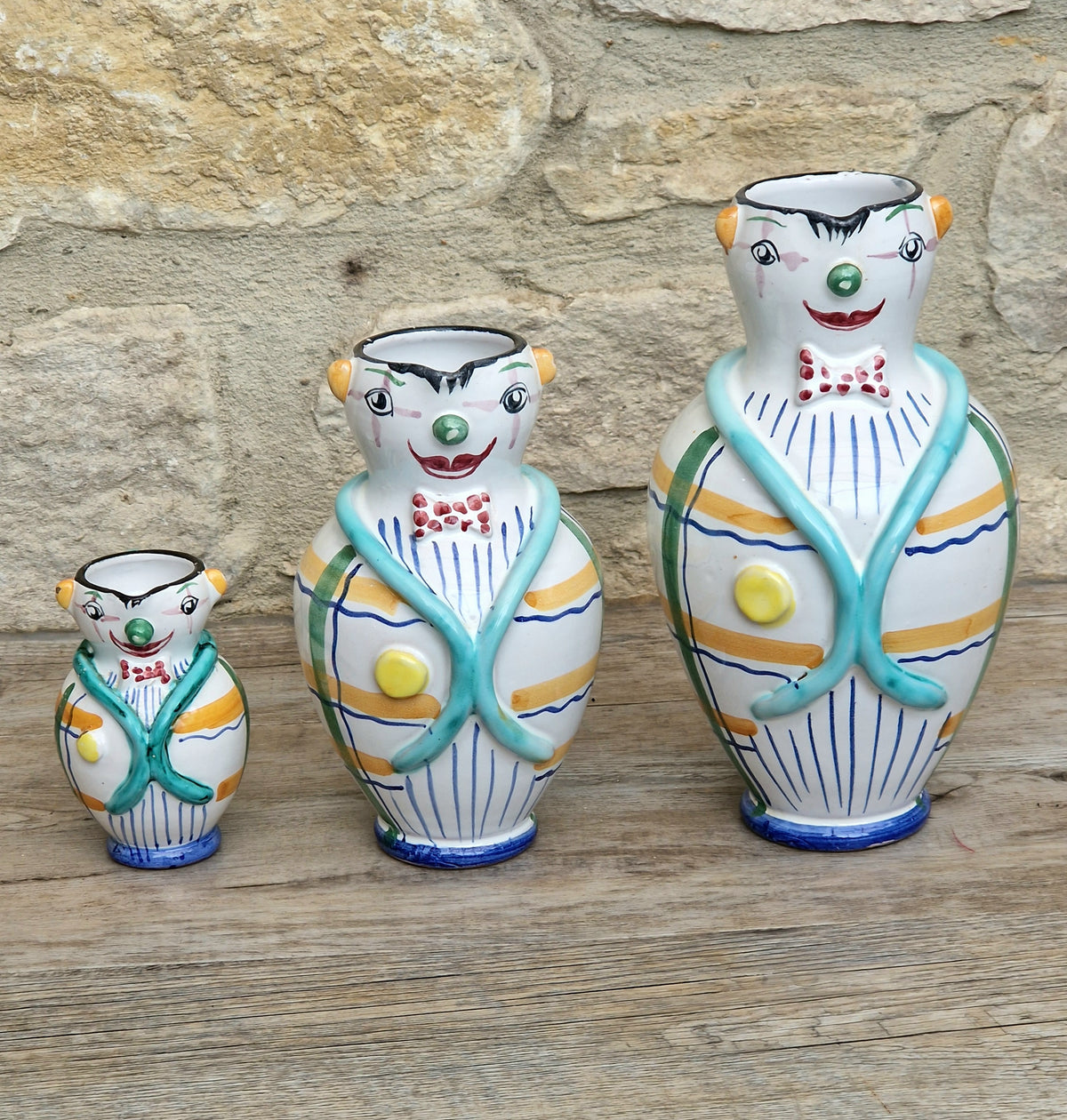 Vintage Mid Century Italian Ceramic Clown Vases Set of 3 Nesting Majolica Libertas Italy