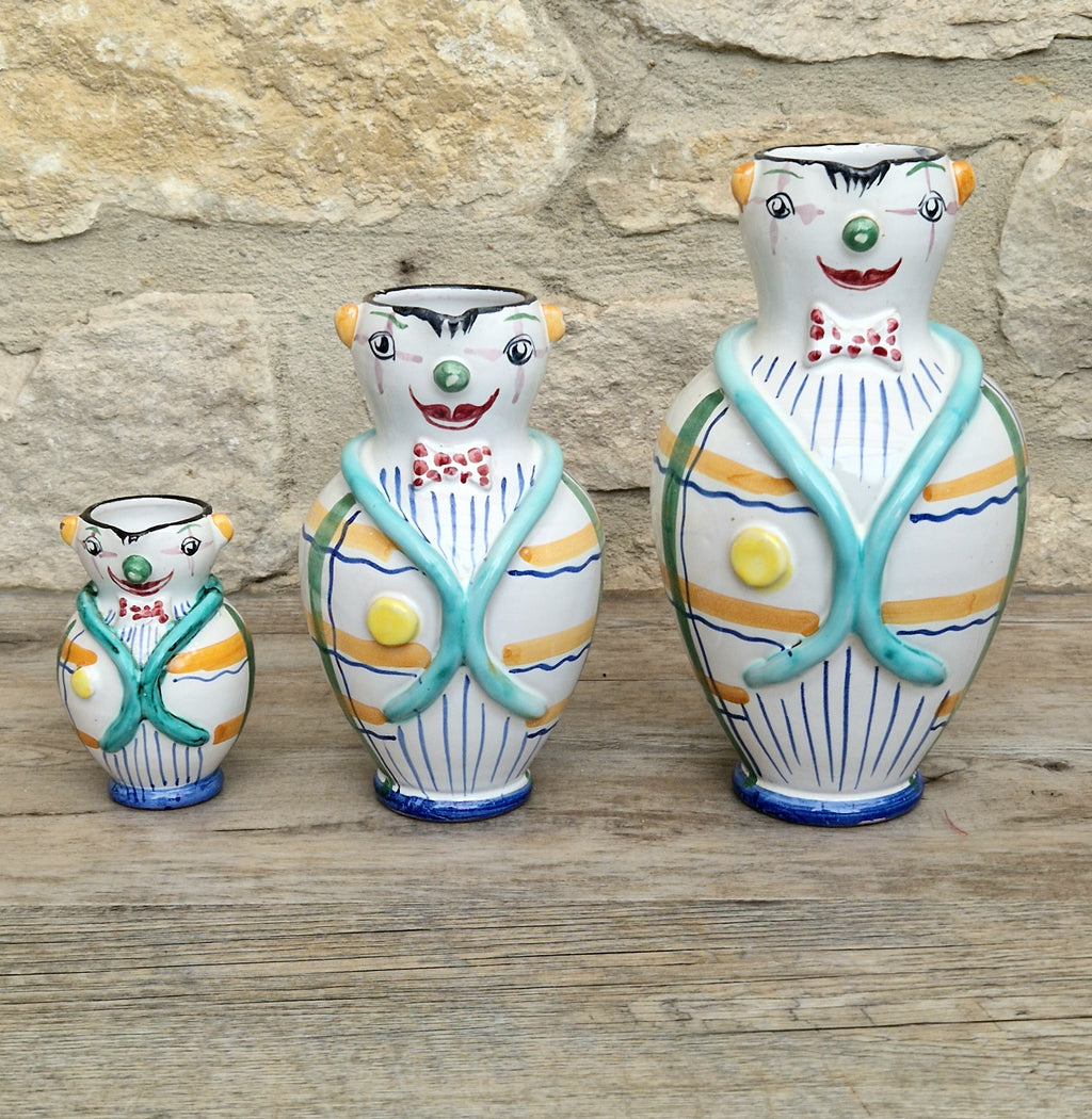 Vintage Mid Century Italian Ceramic Clown Vases Set of 3 Nesting Majolica Libertas Italy
