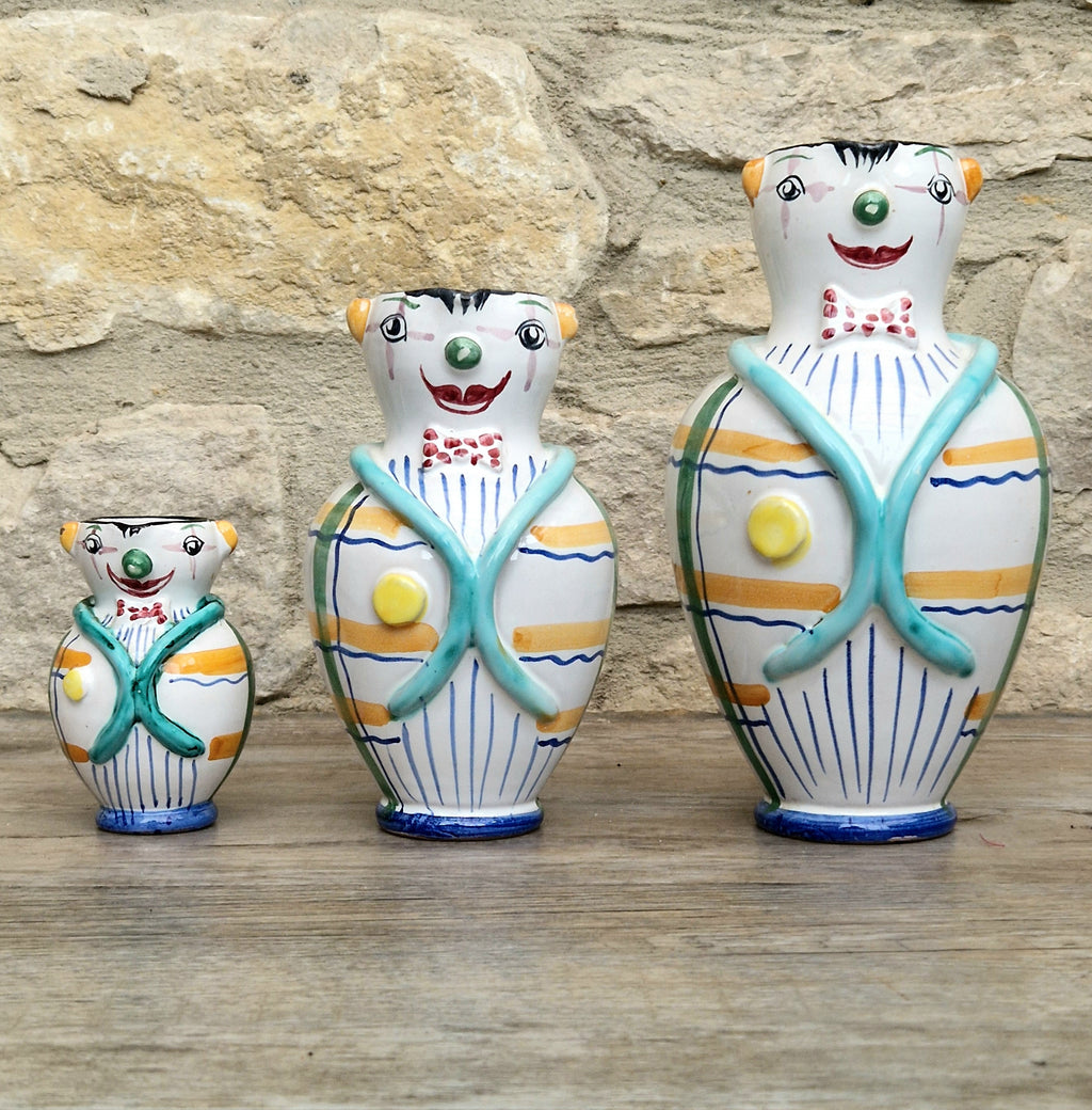 Vintage Mid Century Italian Ceramic Clown Vases Set of 3 Nesting Majolica Libertas Italy