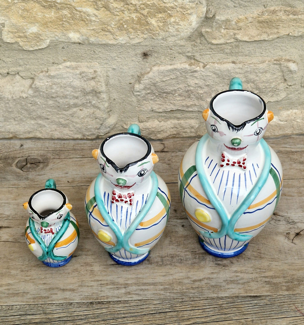 Vintage Mid Century Italian Ceramic Clown Vases Set of 3 Nesting Majolica Libertas Italy