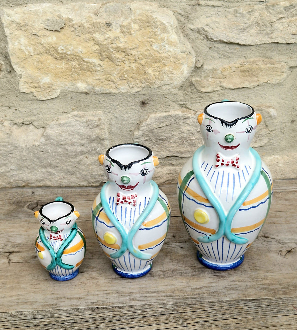 Vintage Mid Century Italian Ceramic Clown Vases Set of 3 Nesting Majolica Libertas Italy