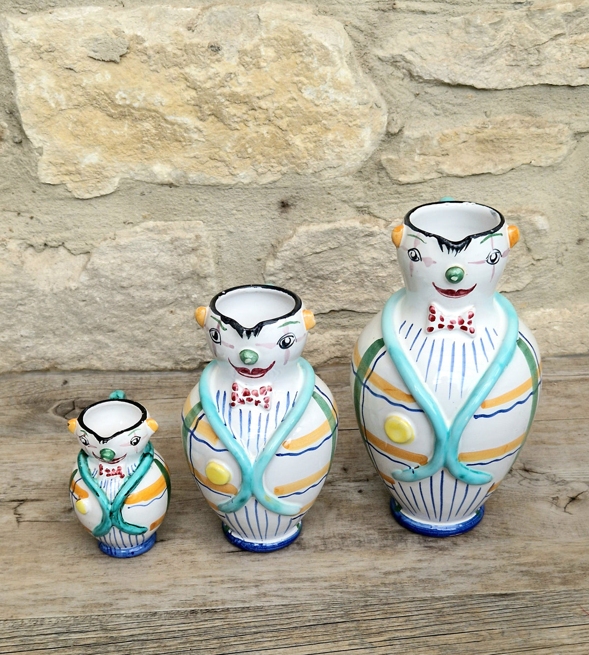 Vintage Mid Century Italian Ceramic Clown Vases Set of 3 Nesting Majolica Libertas Italy