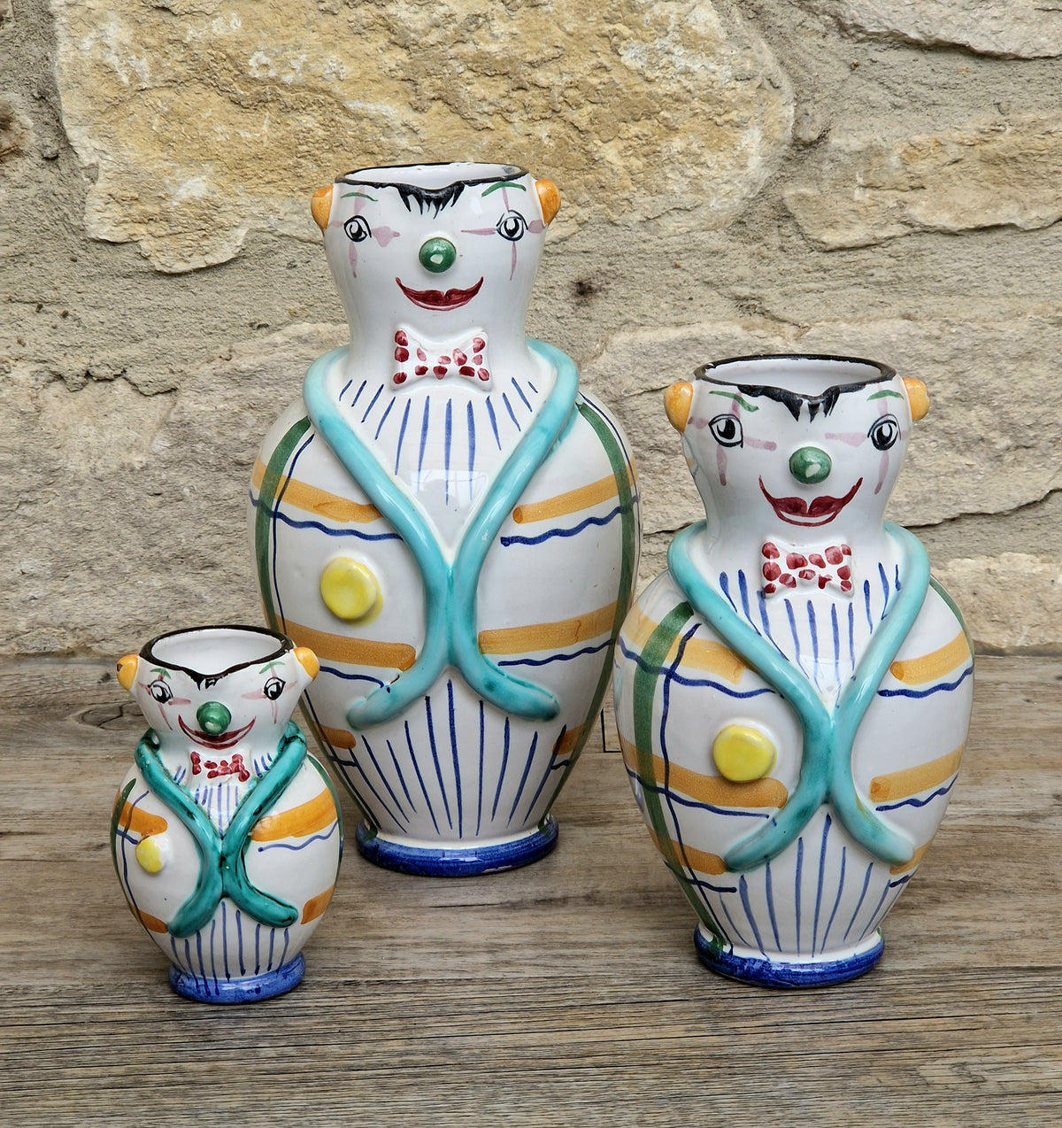 Vintage Mid Century Italian Ceramic Clown Vases Set of 3 Nesting Majolica Libertas Italy