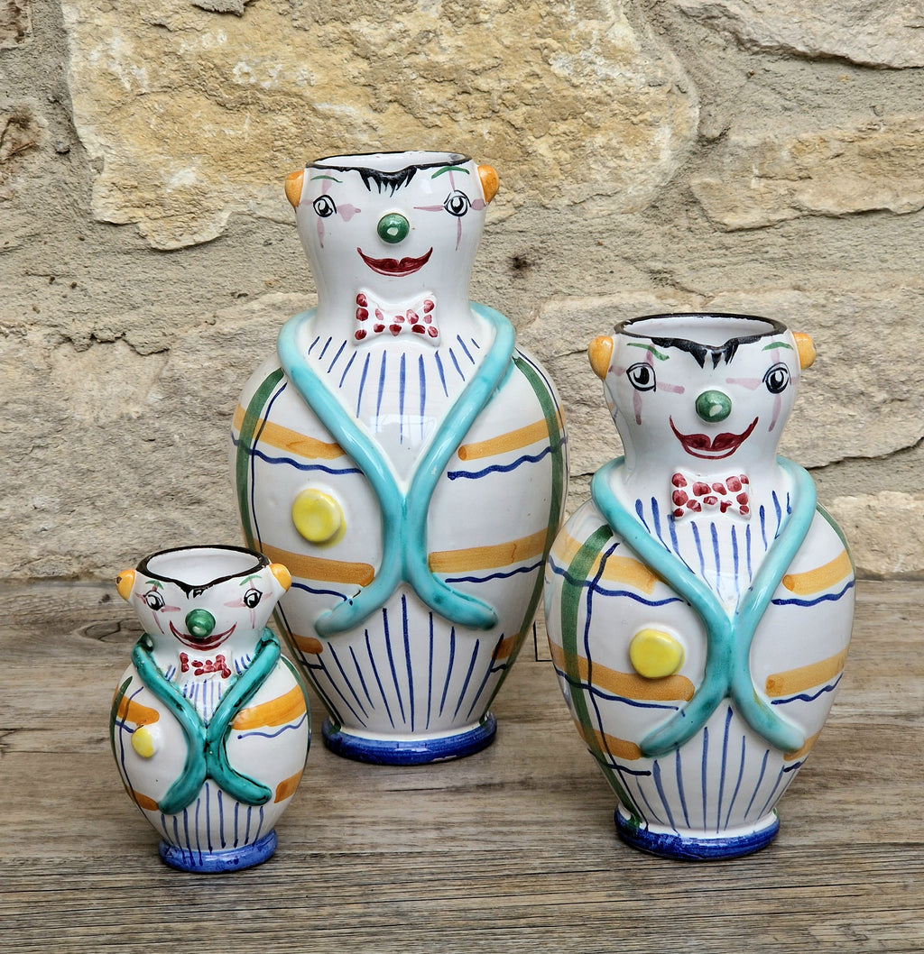 Vintage Mid Century Italian Ceramic Clown Vases Set of 3 Nesting Majolica Libertas Italy
