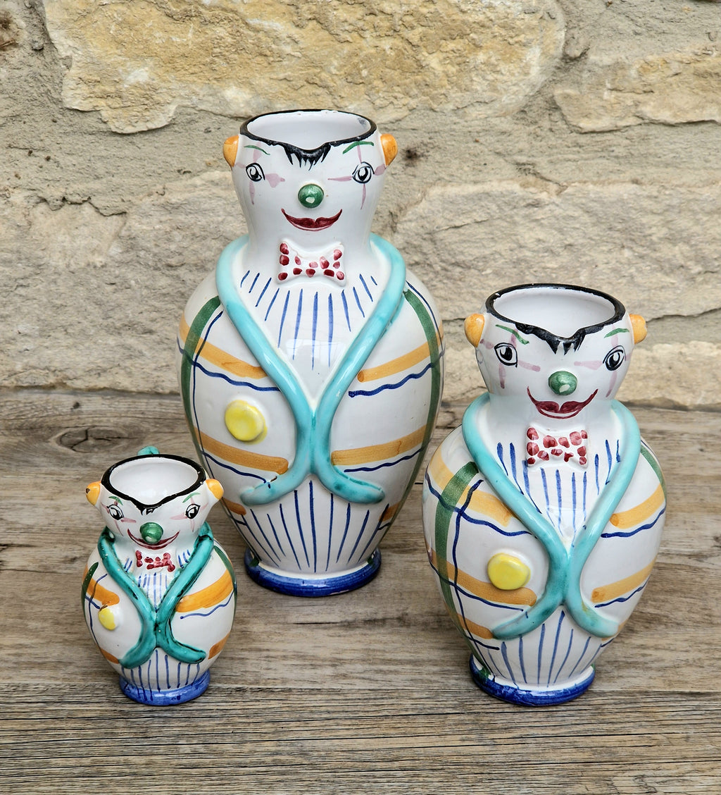 Vintage Mid Century Italian Ceramic Clown Vases Set of 3 Nesting Majolica Libertas Italy