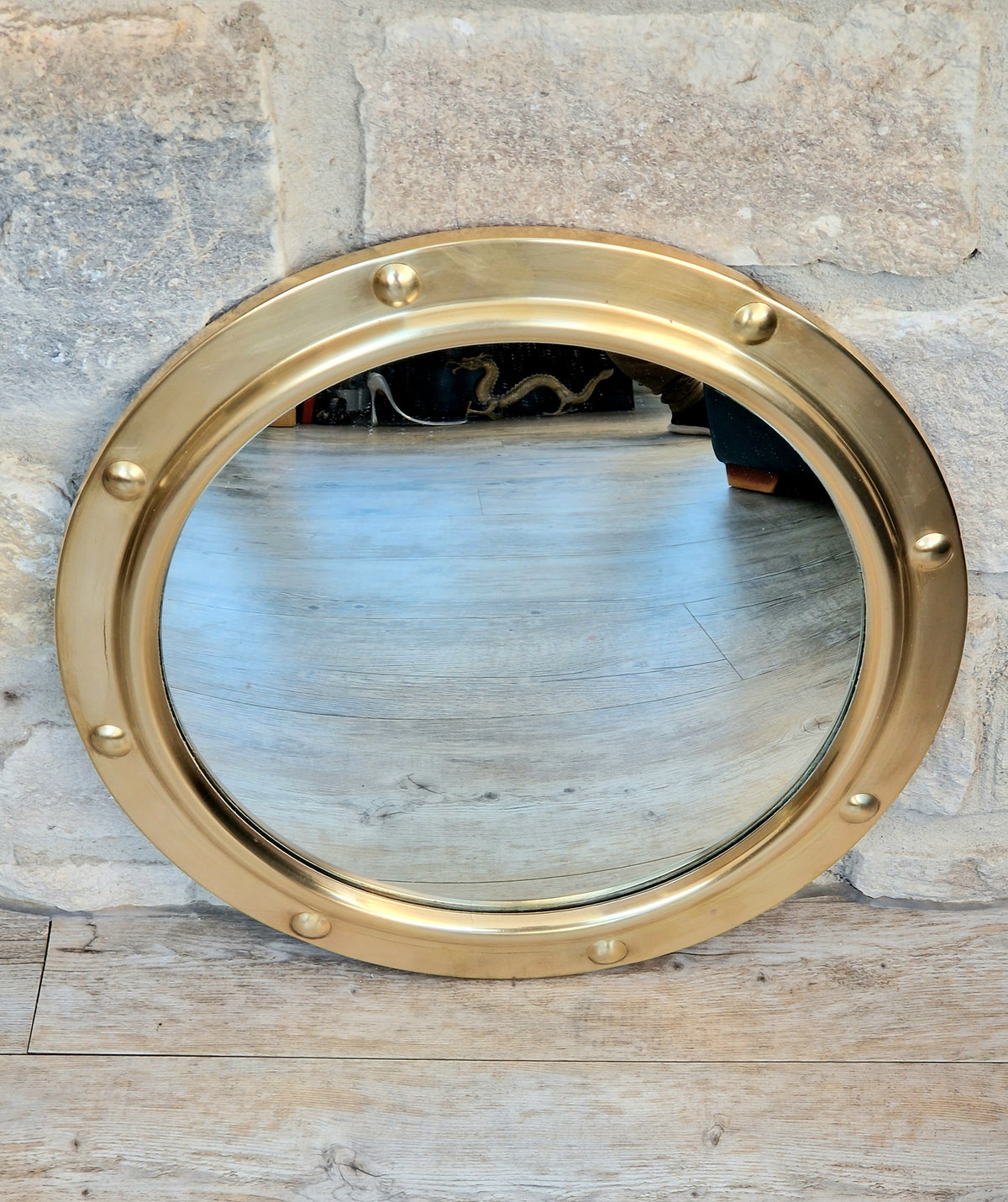Vintage 1940s Brass Porthole Convex Mirror, 37cm Nautical Butler Wall Decor