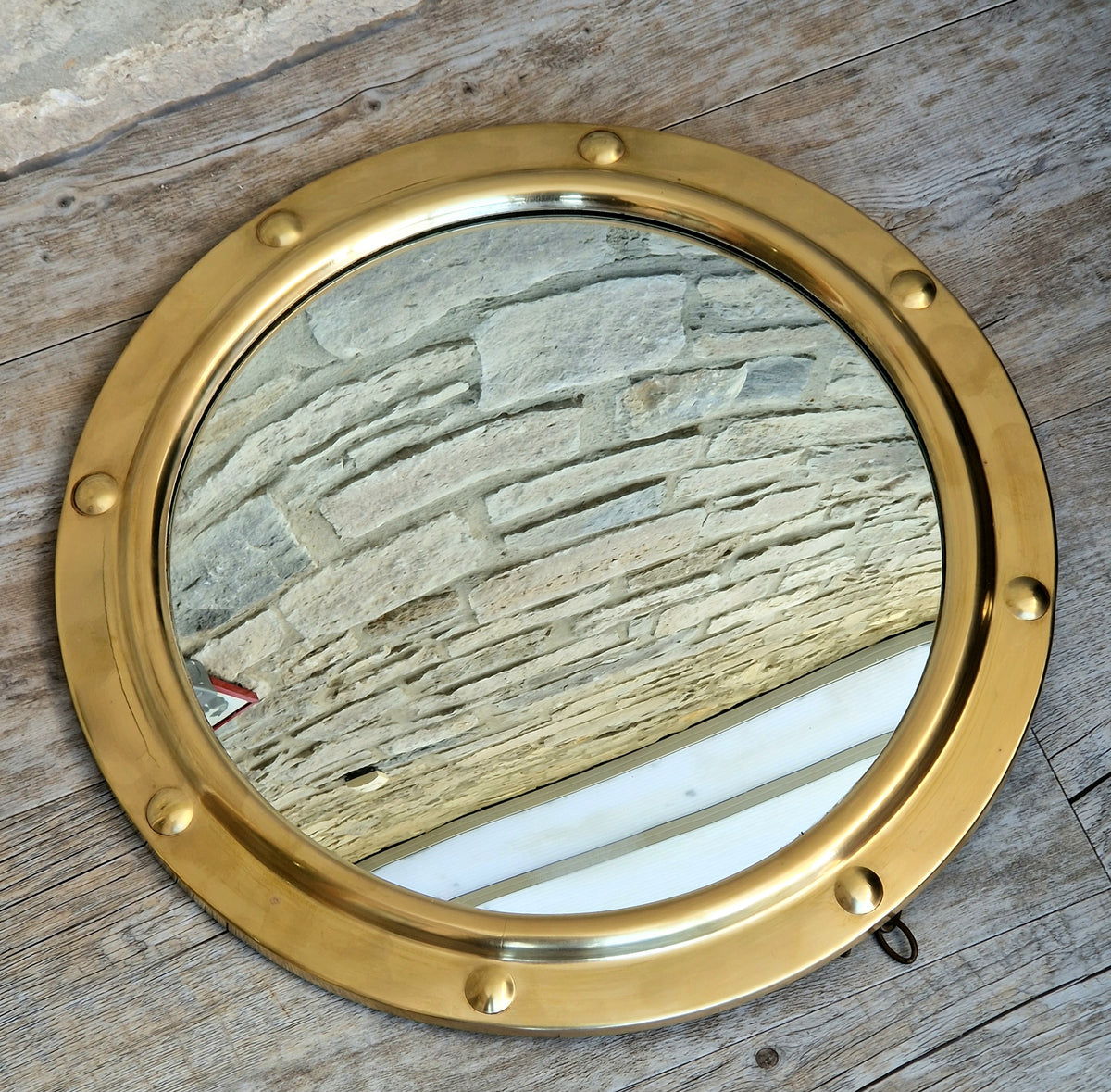 Vintage 1940s Brass Porthole Convex Mirror, 37cm Nautical Butler Wall Decor