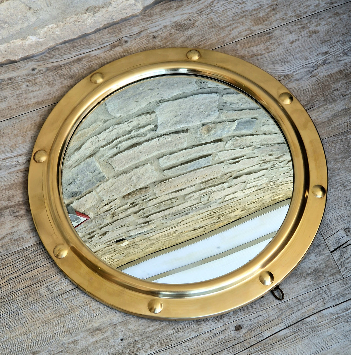 Vintage 1940s Brass Porthole Convex Mirror, 37cm Nautical Butler Wall Decor