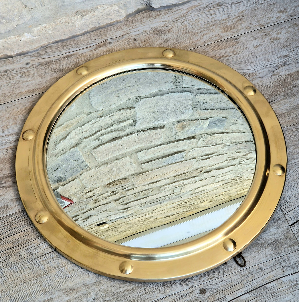 Vintage 1940s Brass Porthole Convex Mirror, 37cm Nautical Butler Wall Decor