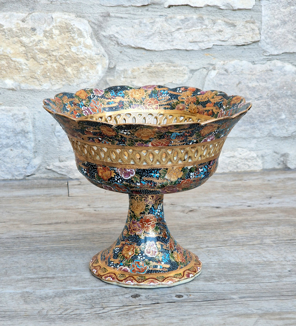Large Royal Satsuma Moriage Pedestal Centerpiece Bowl Reticulated Chinese Porcelain Compote