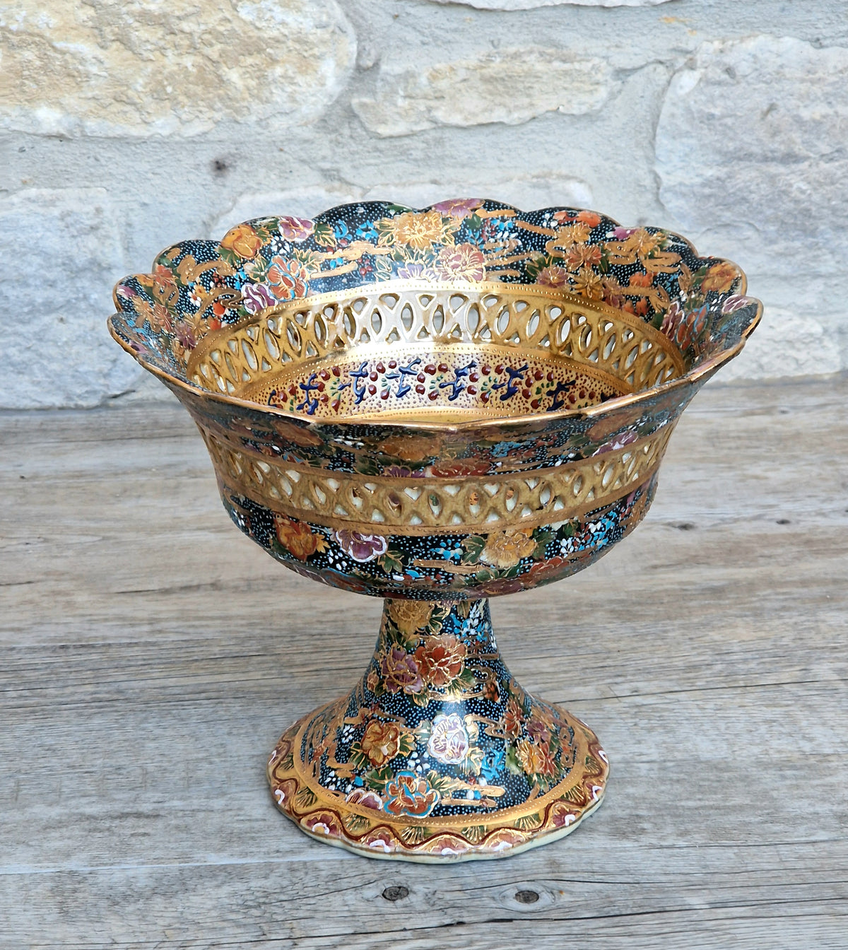 Large Royal Satsuma Moriage Pedestal Centerpiece Bowl Reticulated Chinese Porcelain Compote