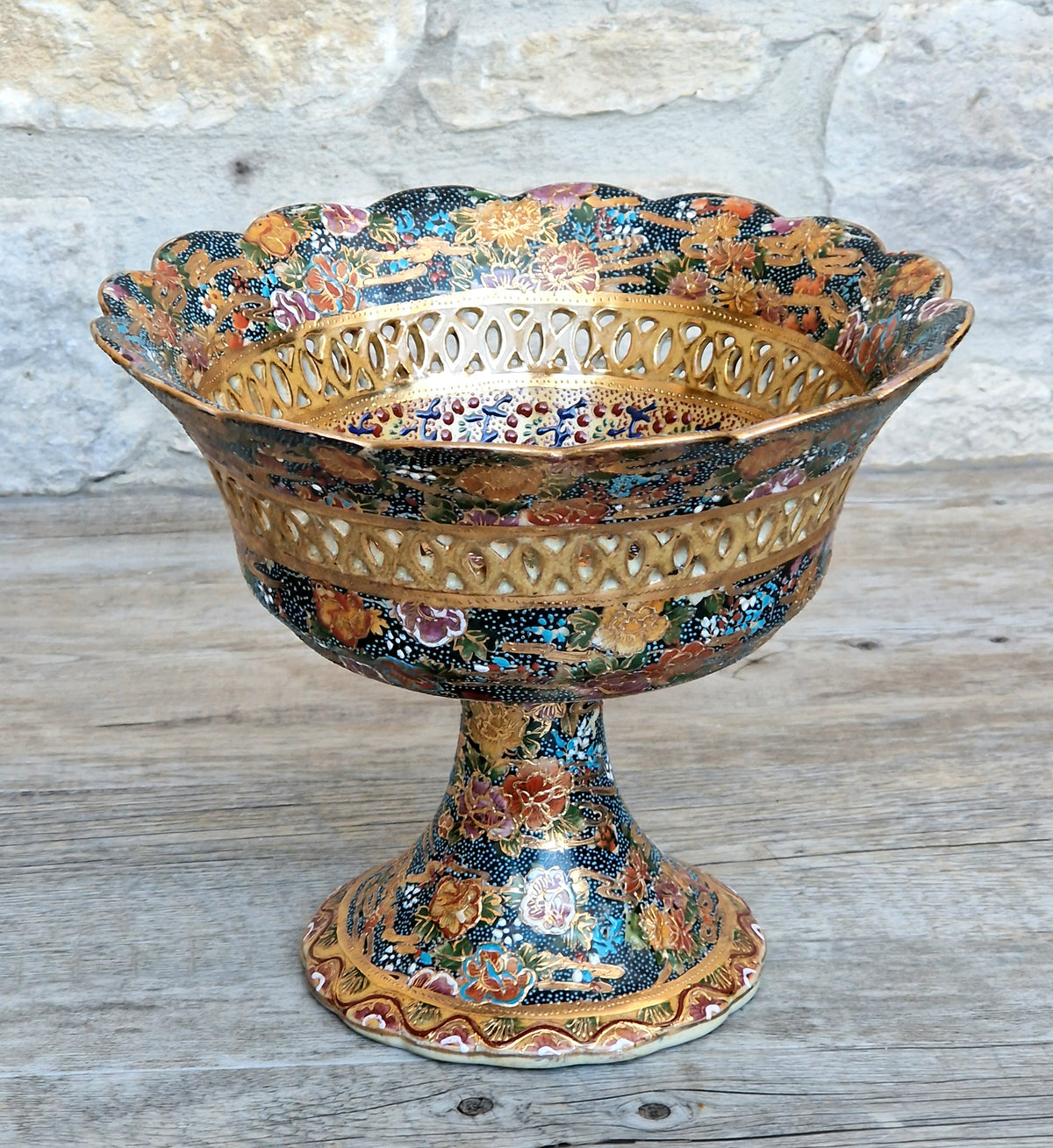 Large Royal Satsuma Moriage Pedestal Centerpiece Bowl Reticulated Chinese Porcelain Compote