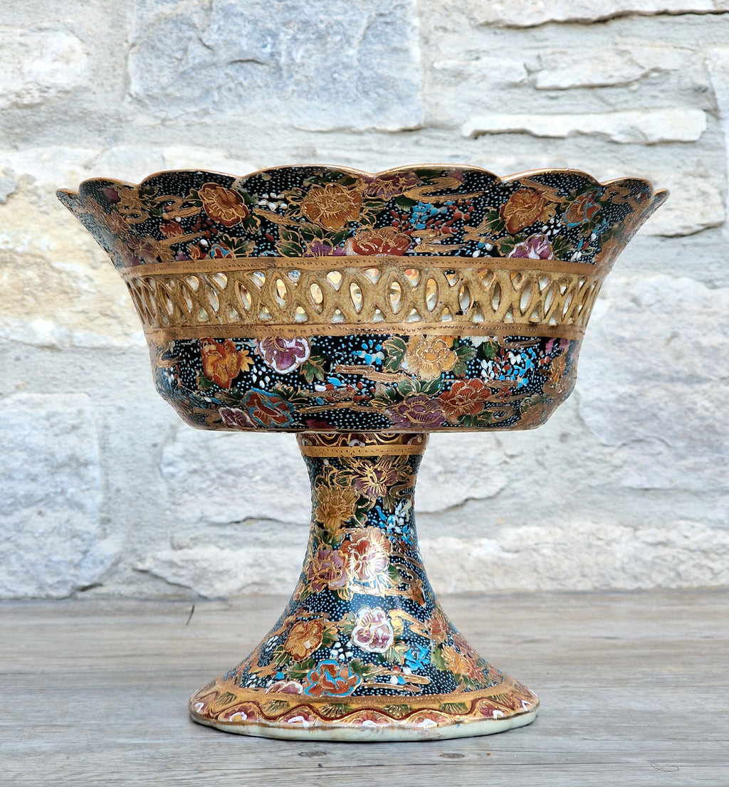 Large Royal Satsuma Moriage Pedestal Centerpiece Bowl Reticulated Chinese Porcelain Compote