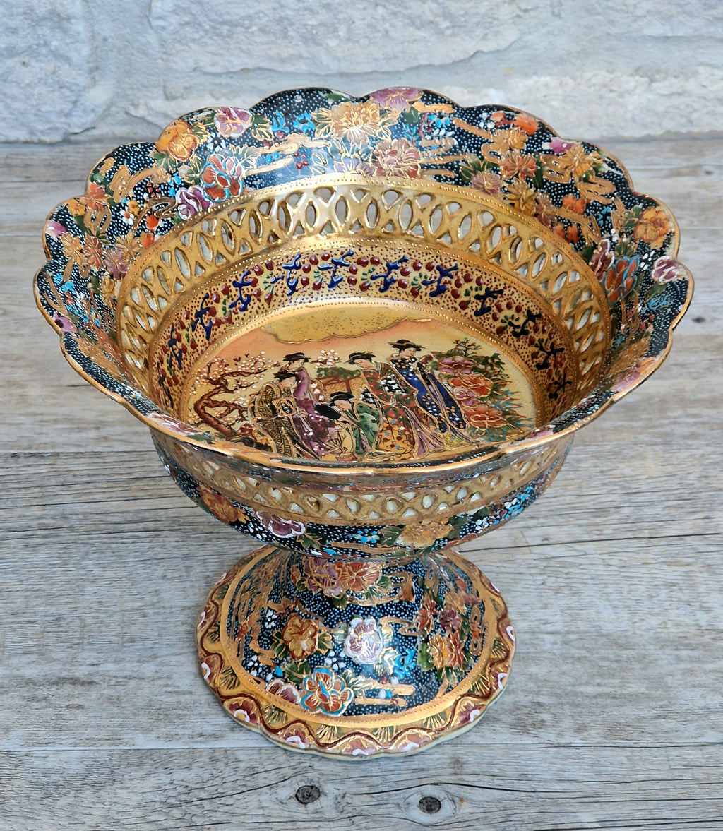 Large Royal Satsuma Moriage Pedestal Centerpiece Bowl Reticulated Chinese Porcelain Compote