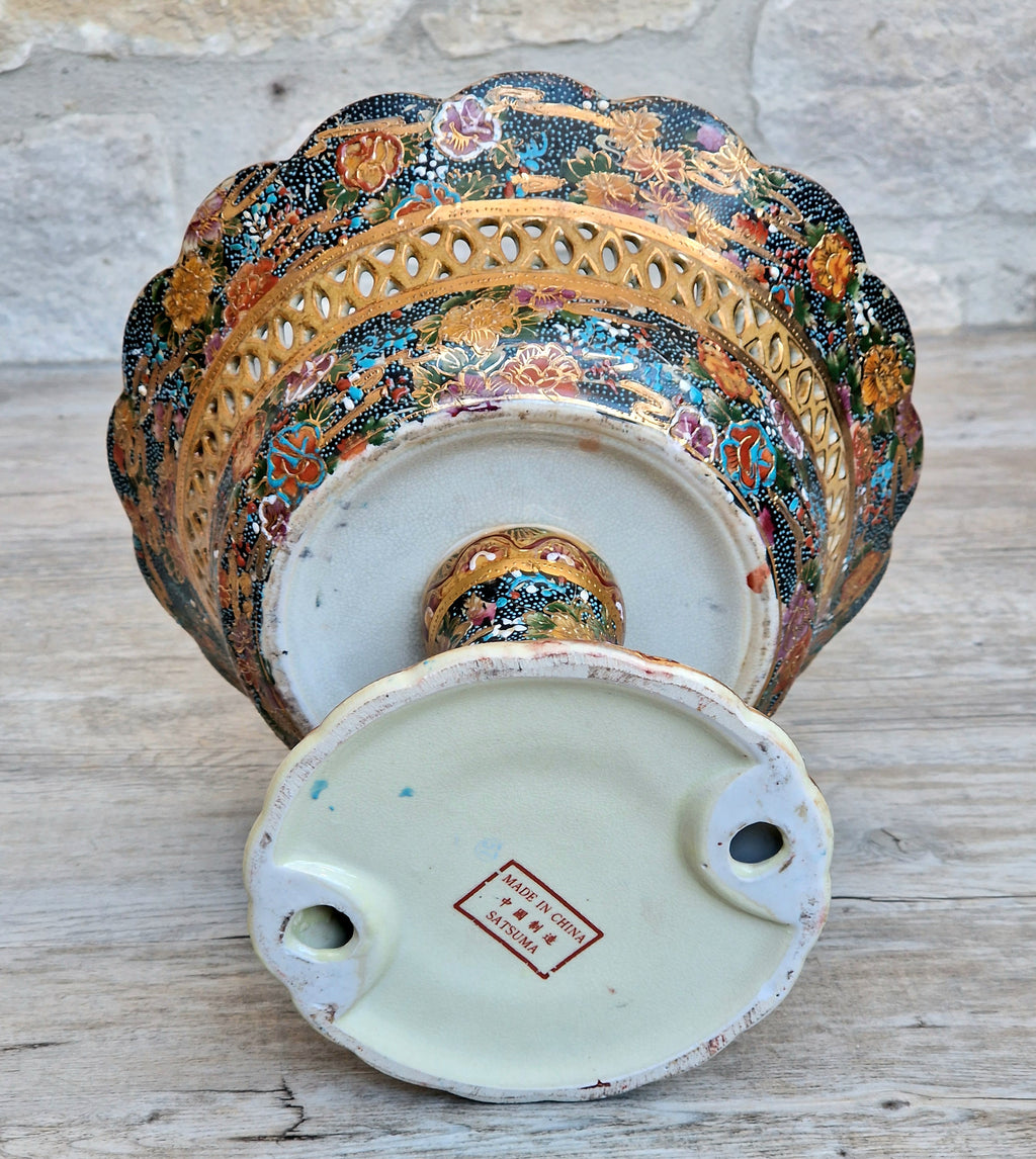 Large Royal Satsuma Moriage Pedestal Centerpiece Bowl Reticulated Chinese Porcelain Compote