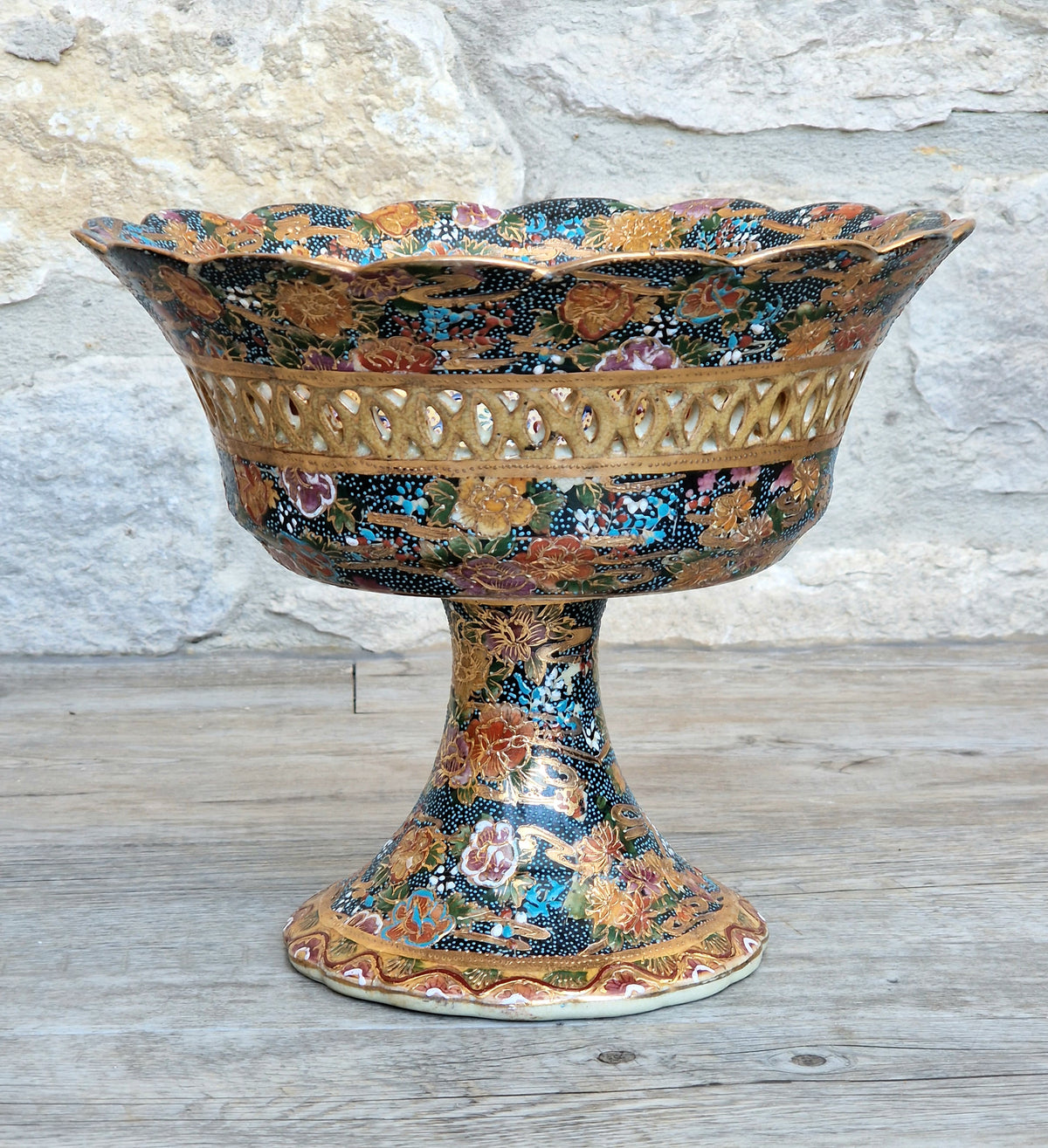 Large Royal Satsuma Moriage Pedestal Centerpiece Bowl Reticulated Chinese Porcelain Compote
