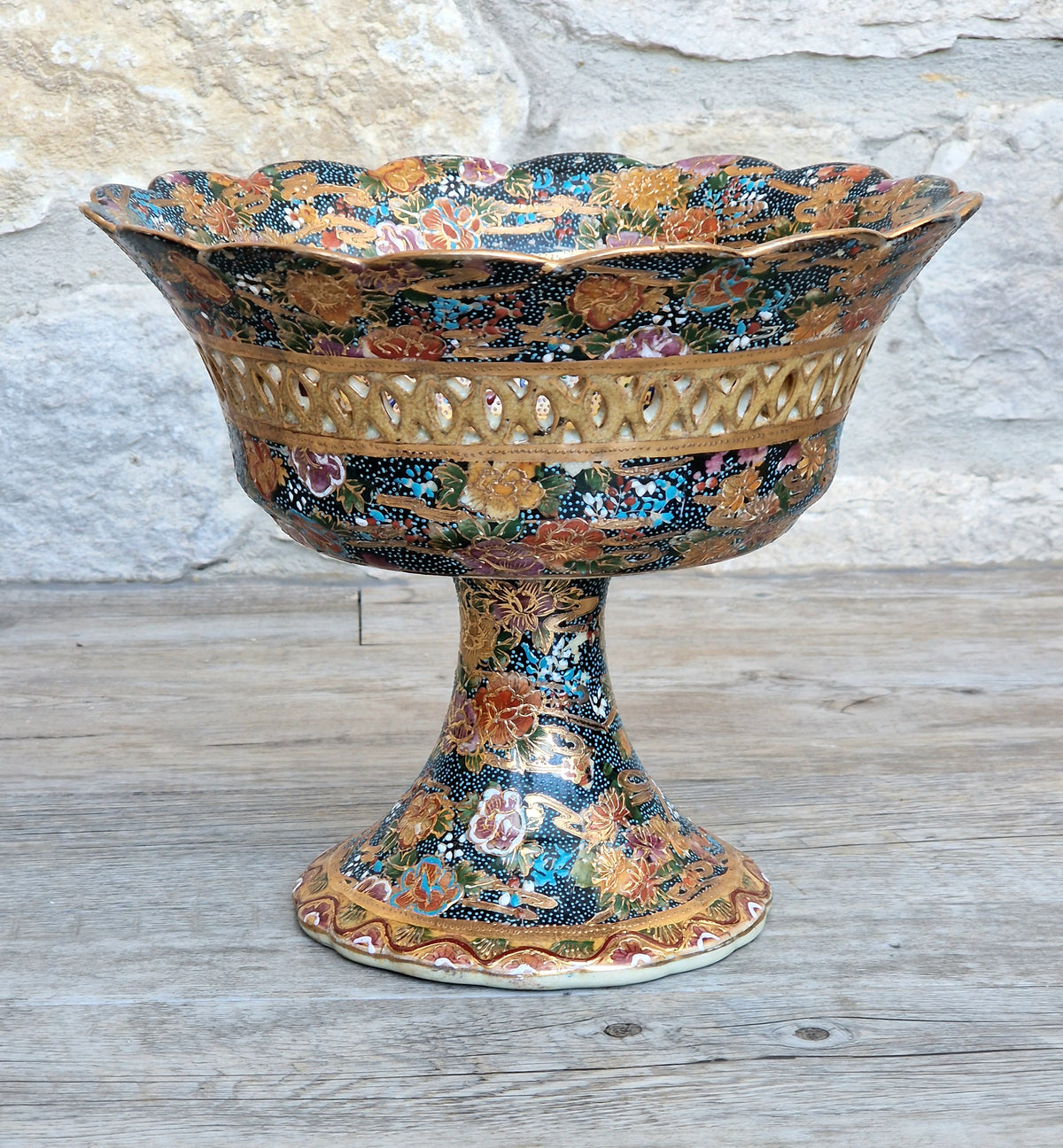 Large Royal Satsuma Moriage Pedestal Centerpiece Bowl Reticulated Chinese Porcelain Compote