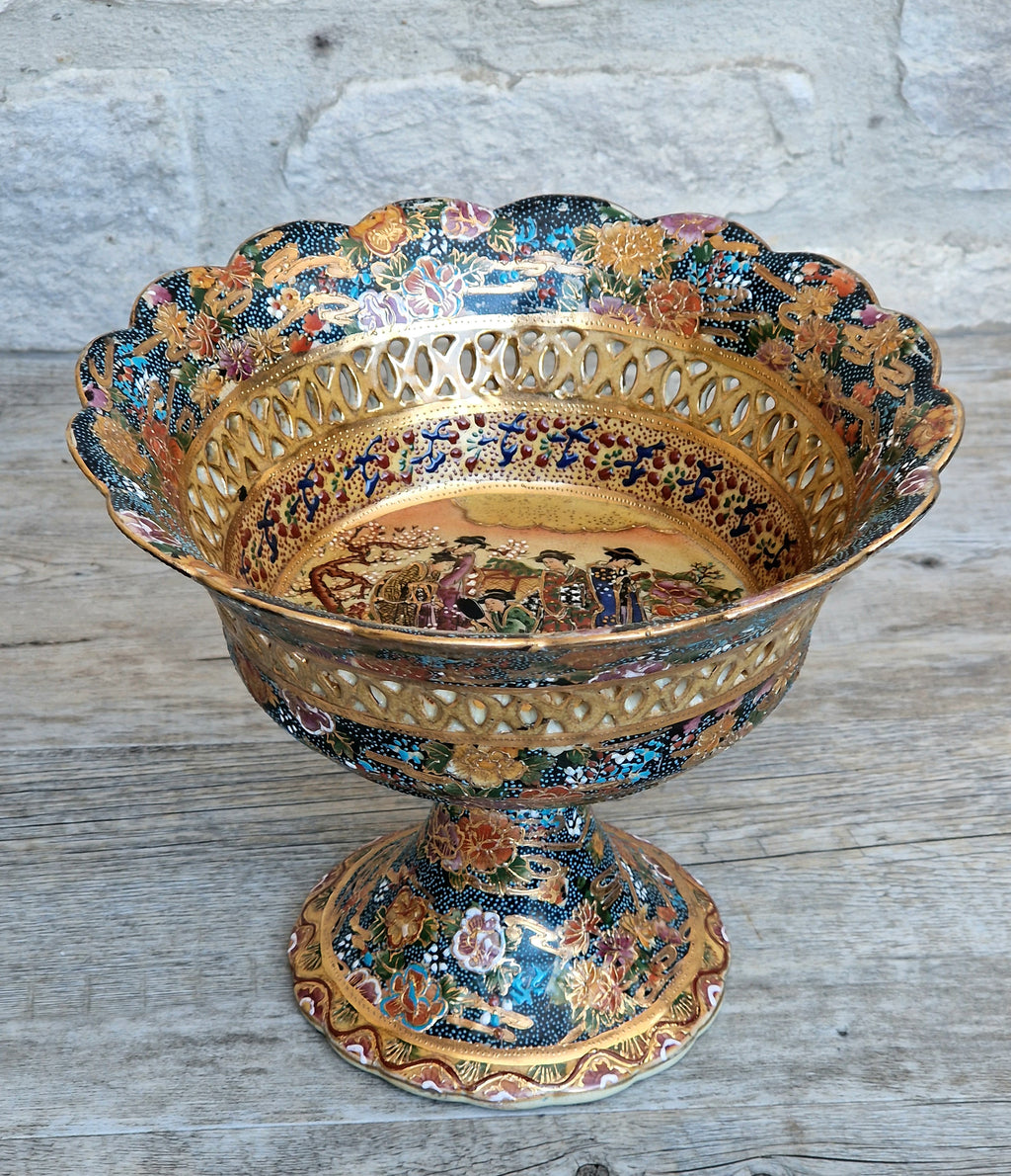 Large Royal Satsuma Moriage Pedestal Centerpiece Bowl Reticulated Chinese Porcelain Compote