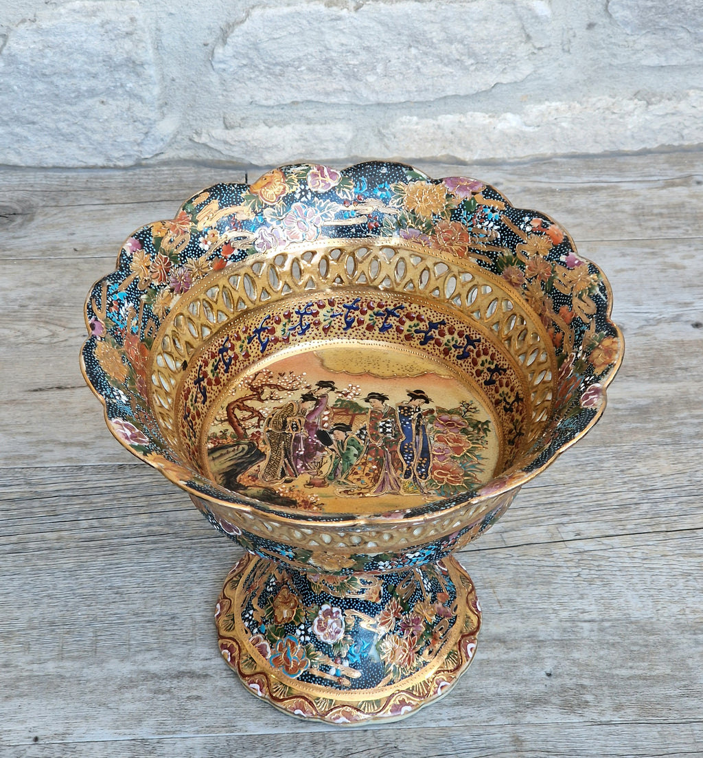 Large Royal Satsuma Moriage Pedestal Centerpiece Bowl Reticulated Chinese Porcelain Compote