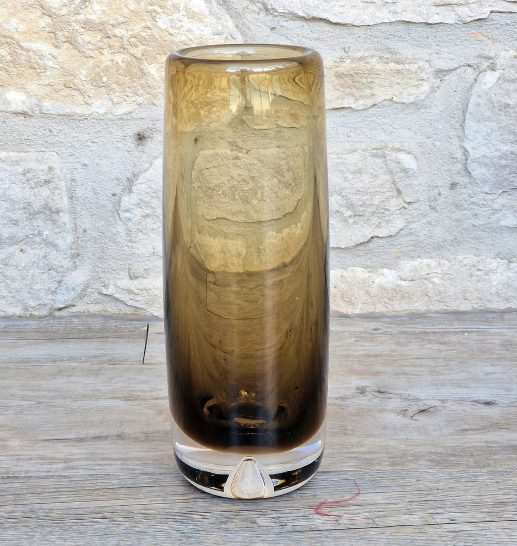 Vintage Magnor Norway Amber Art Glass Cylinder Vase Inward Cone Pontil Mid Century Modern 1960s