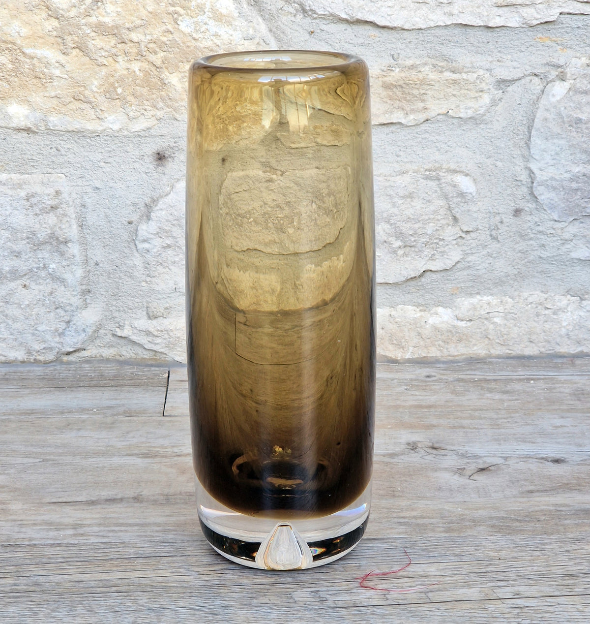 Vintage Magnor Norway Amber Art Glass Cylinder Vase Inward Cone Pontil Mid Century Modern 1960s