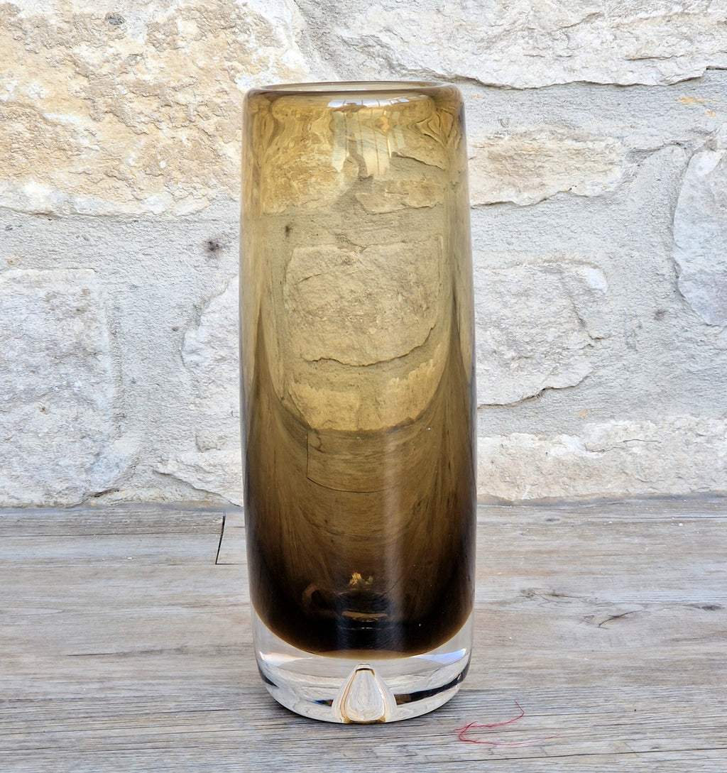 Vintage Magnor Norway Amber Art Glass Cylinder Vase Inward Cone Pontil Mid Century Modern 1960s