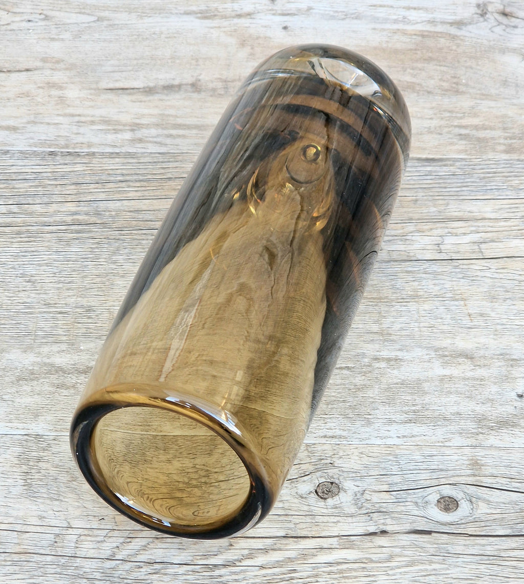 Vintage Magnor Norway Amber Art Glass Cylinder Vase Inward Cone Pontil Mid Century Modern 1960s