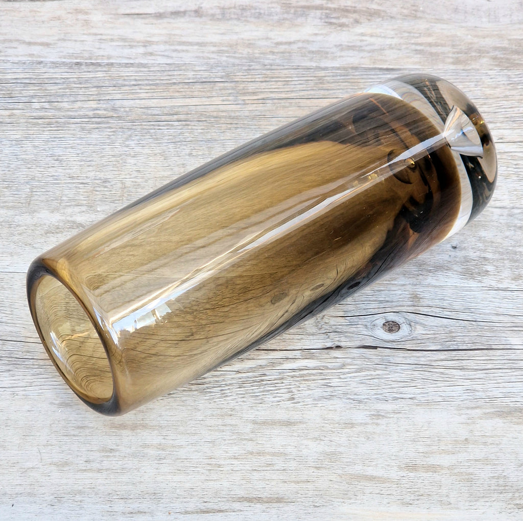 Vintage Magnor Norway Amber Art Glass Cylinder Vase Inward Cone Pontil Mid Century Modern 1960s