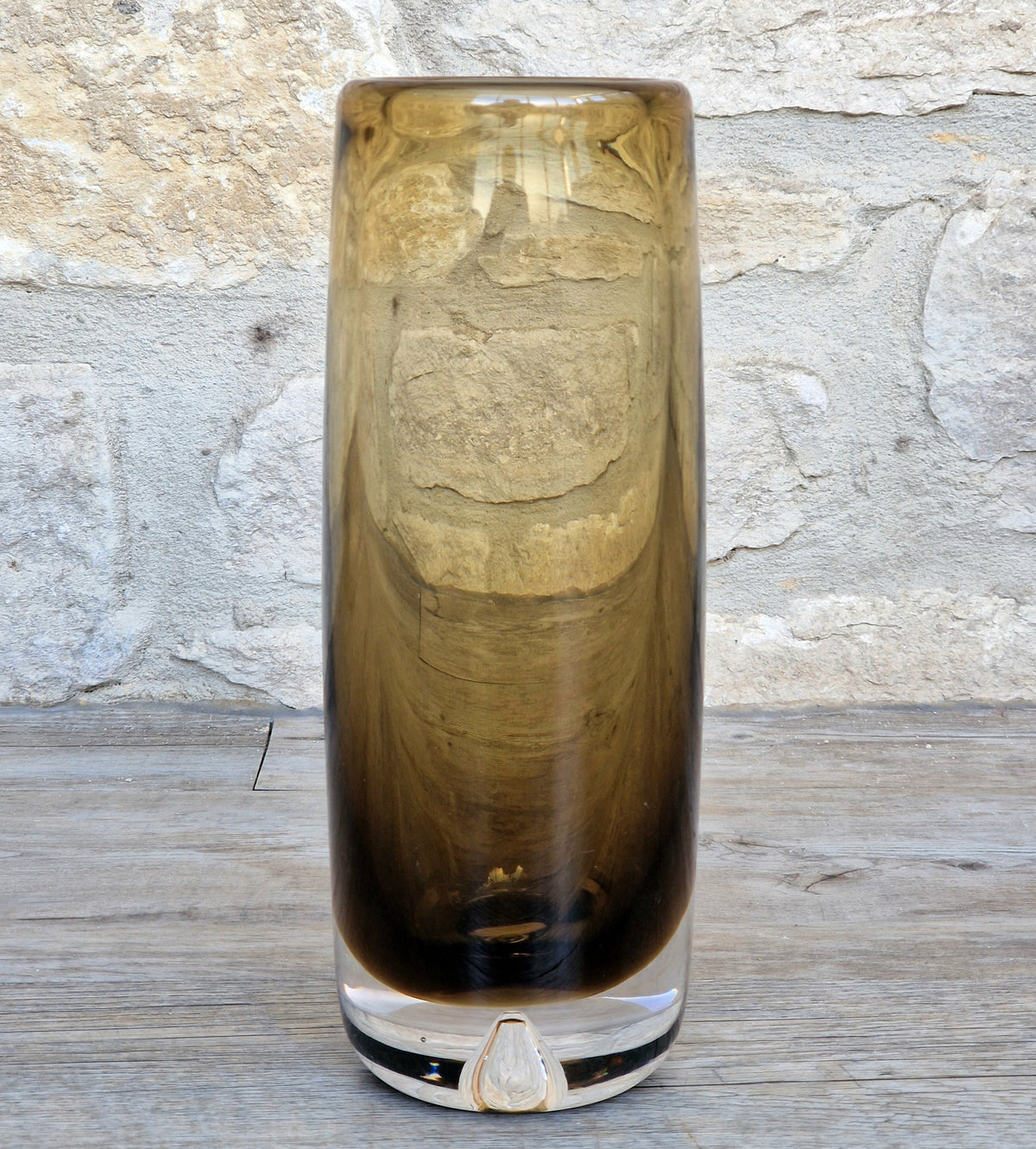 Vintage Magnor Norway Amber Art Glass Cylinder Vase Inward Cone Pontil Mid Century Modern 1960s