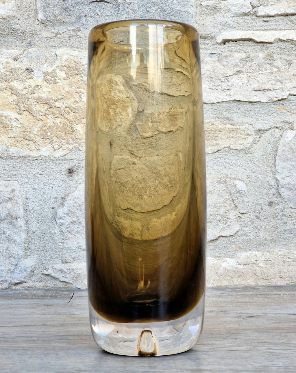 Vintage Magnor Norway Amber Art Glass Cylinder Vase Inward Cone Pontil Mid Century Modern 1960s