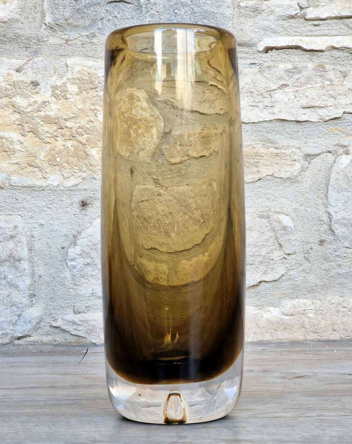 Vintage Magnor Norway Amber Art Glass Cylinder Vase Inward Cone Pontil Mid Century Modern 1960s