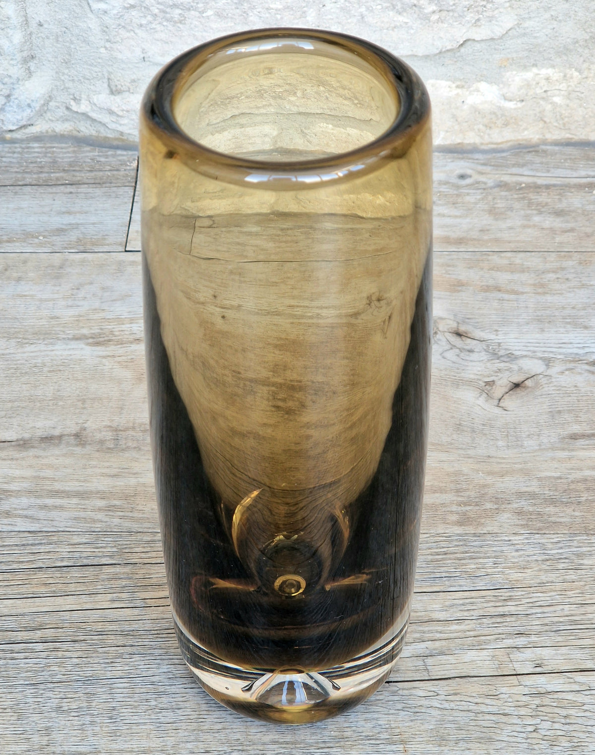 Vintage Magnor Norway Amber Art Glass Cylinder Vase Inward Cone Pontil Mid Century Modern 1960s